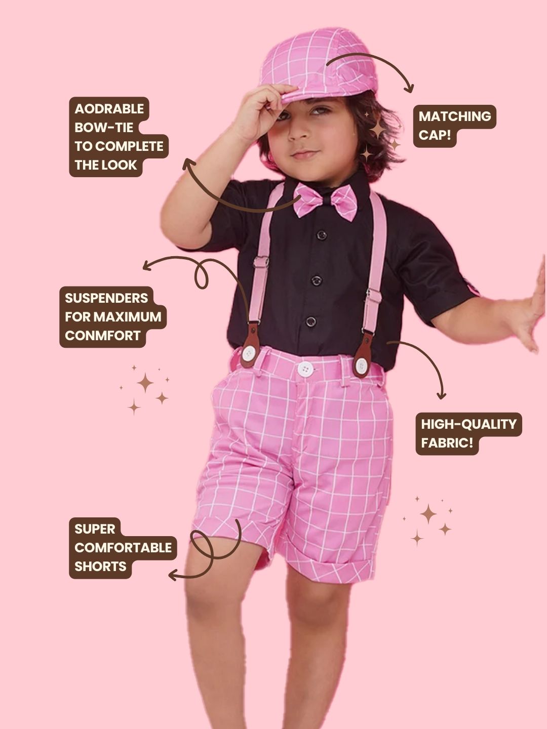 Pink Cotton Blend Dungaree with Suspenders and Cap for Boys - AJ Dezines