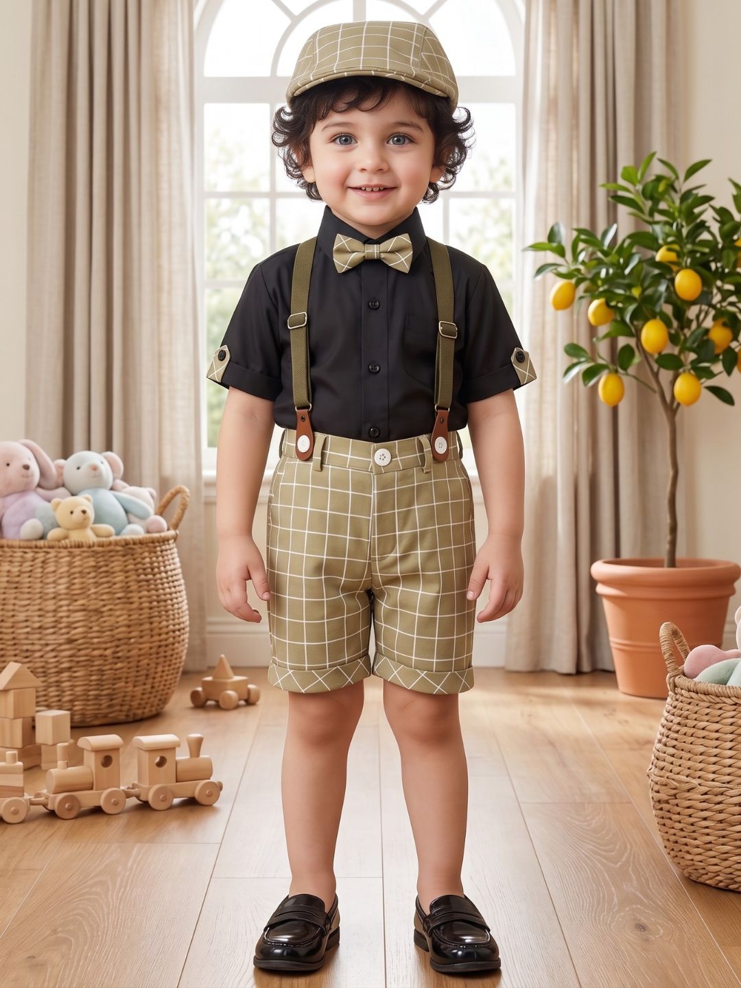 Pista Cotton Blend Dungaree with Suspenders and Cap for Boys