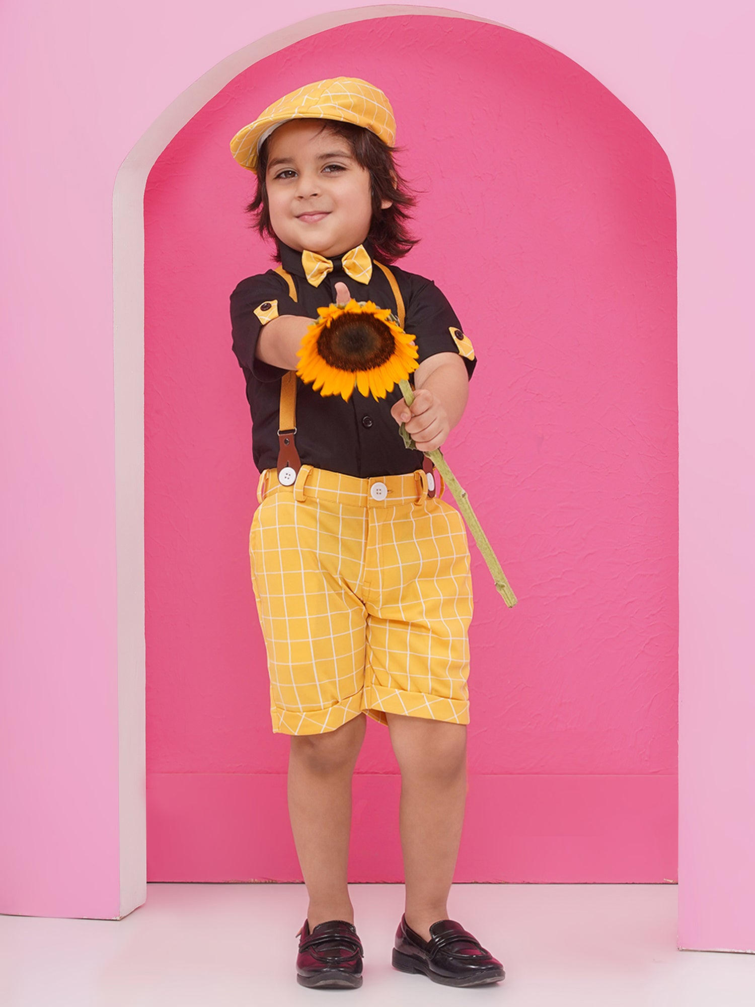 Yellow Cotton Blend Dungaree with Suspenders and Cap for Boys - AJ Dezines