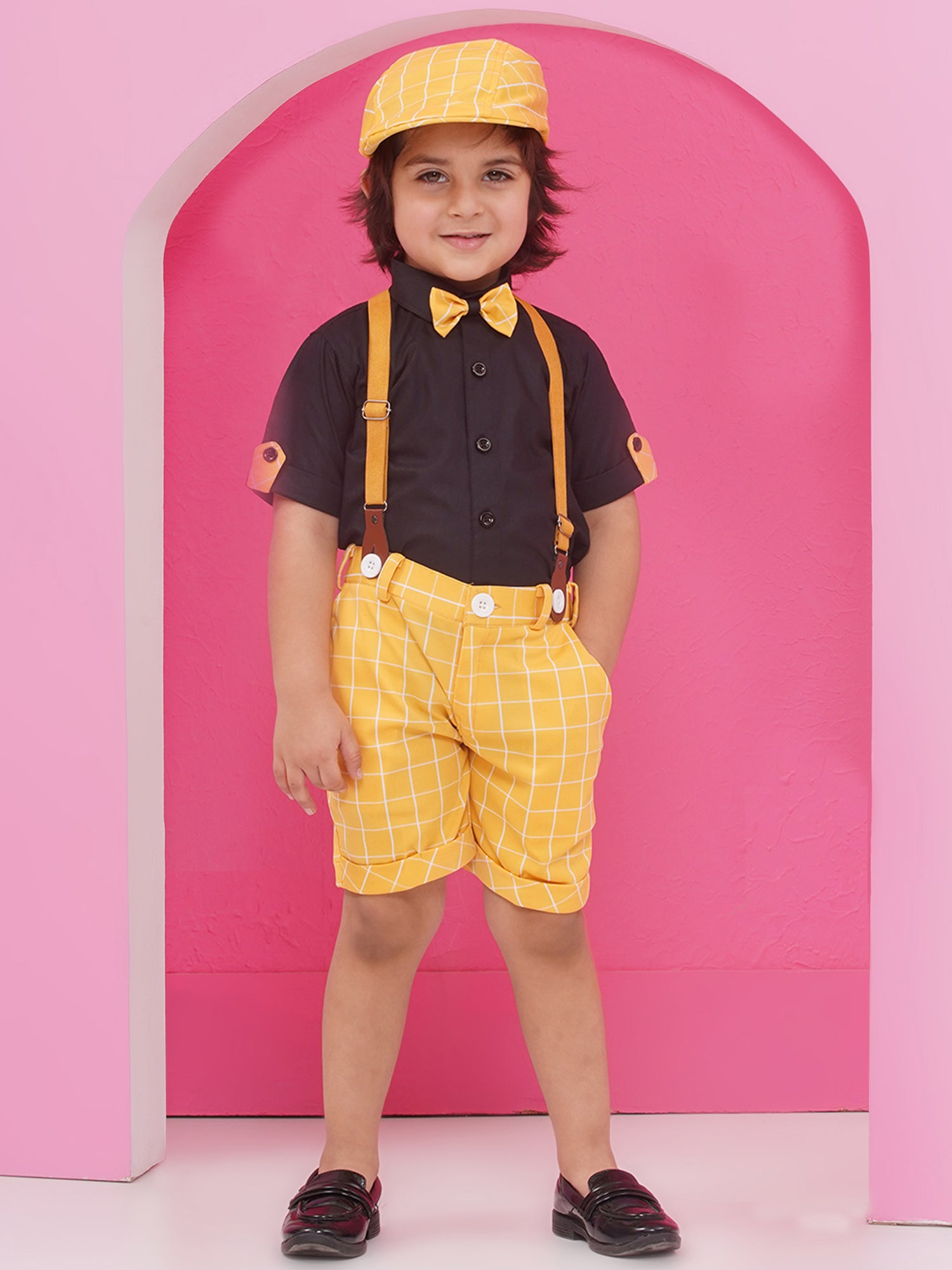 Yellow Cotton Blend Dungaree with Suspenders and Cap for Boys - AJ Dezines