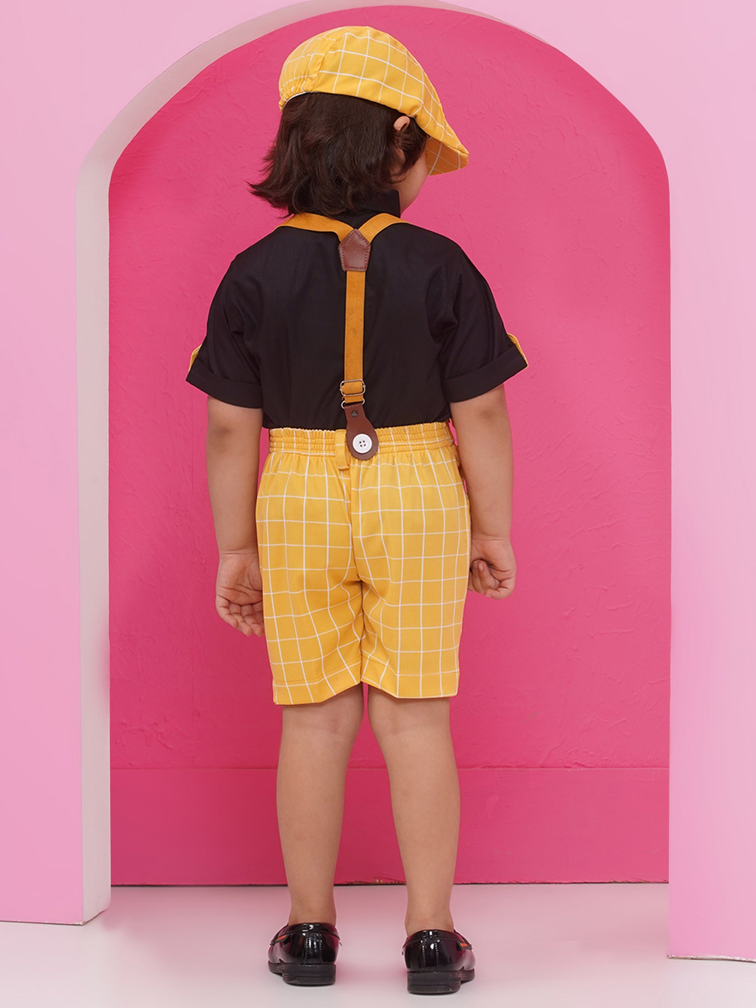 Yellow Cotton Blend Dungaree with Suspenders and Cap for Boys - AJ Dezines