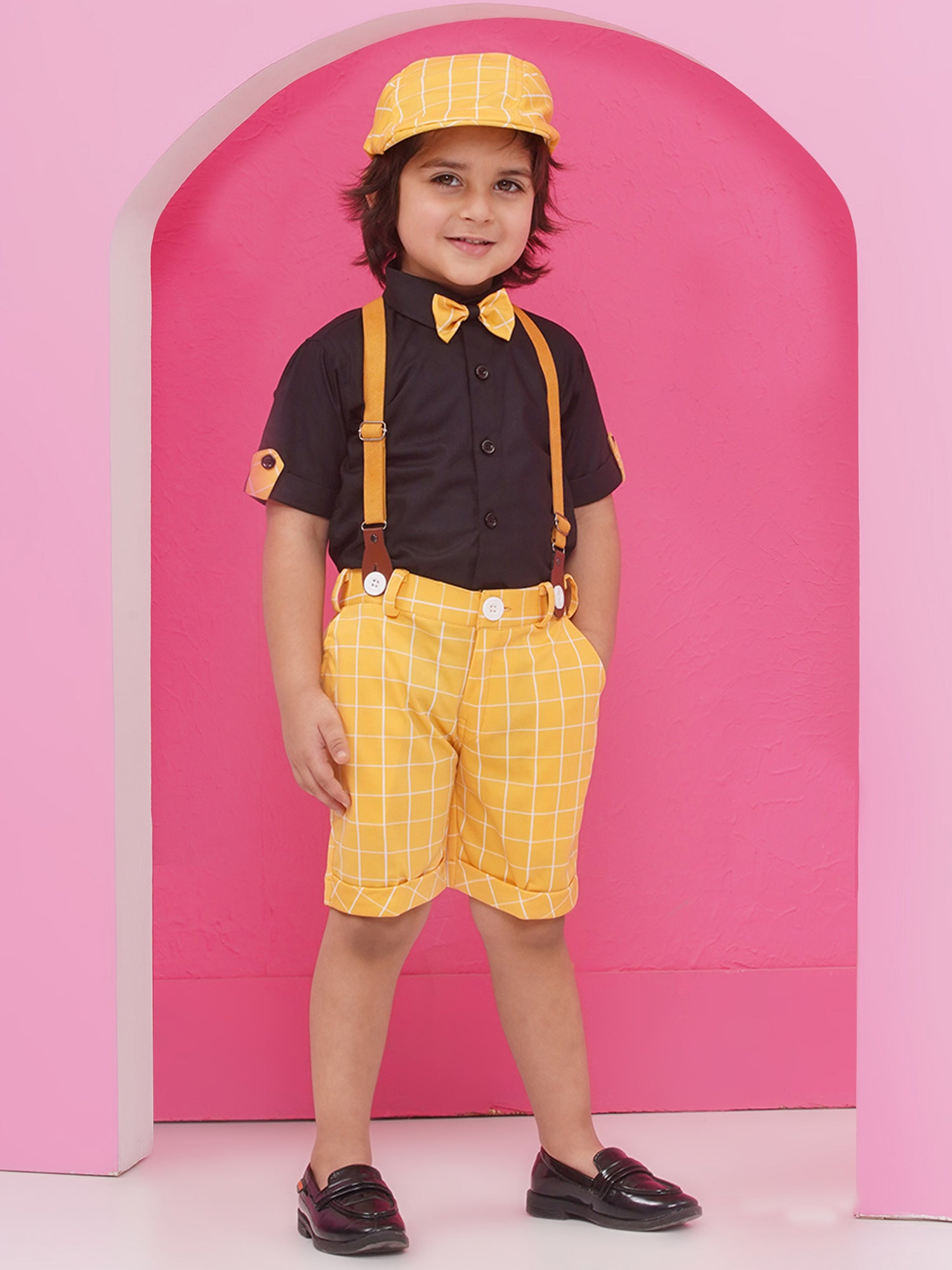 Yellow Cotton Blend Dungaree with Suspenders and Cap for Boys