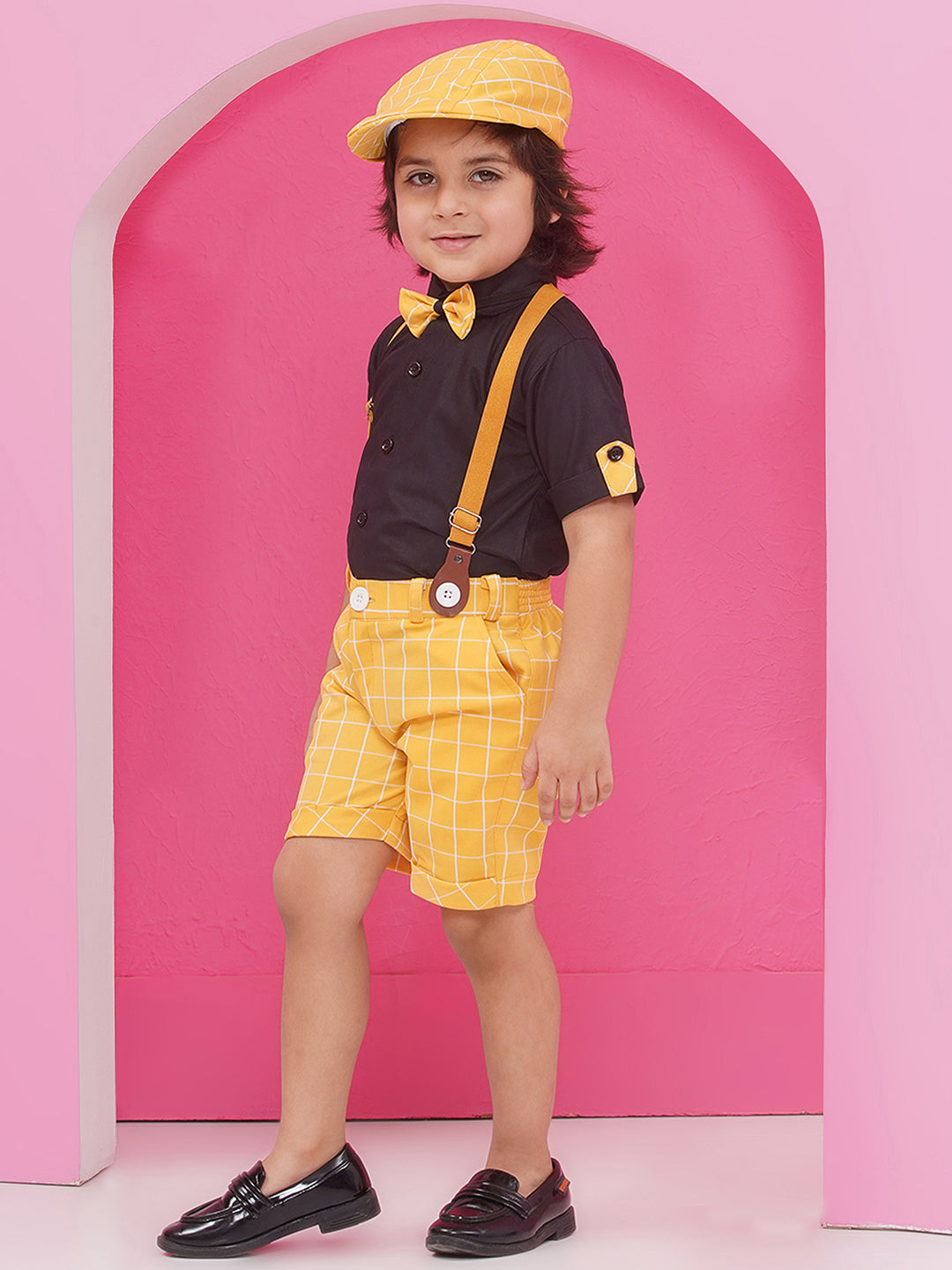 Yellow Cotton Blend Dungaree with Suspenders and Cap for Boys