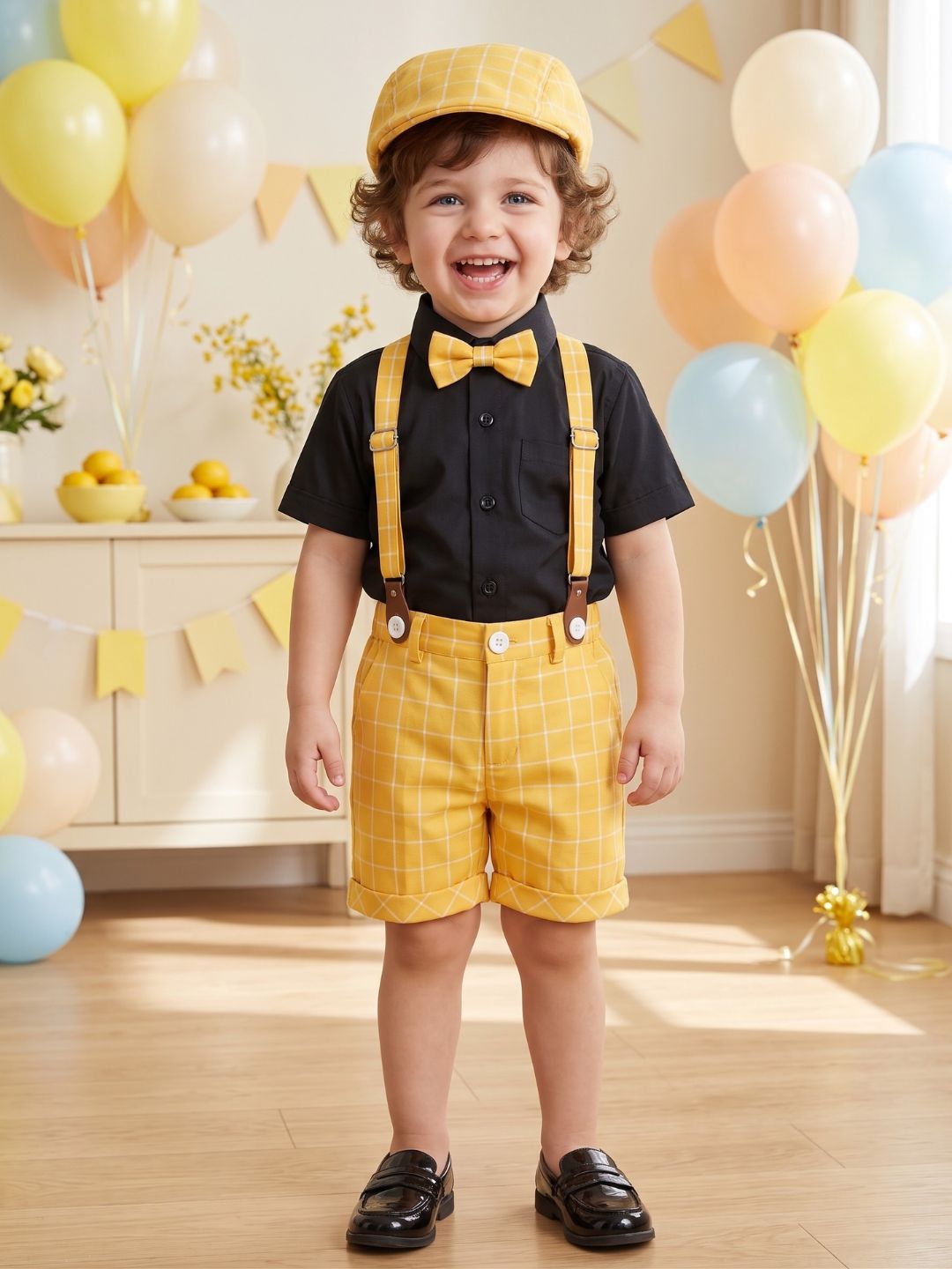 Yellow Cotton Blend Dungaree with Suspenders and Cap for Boys