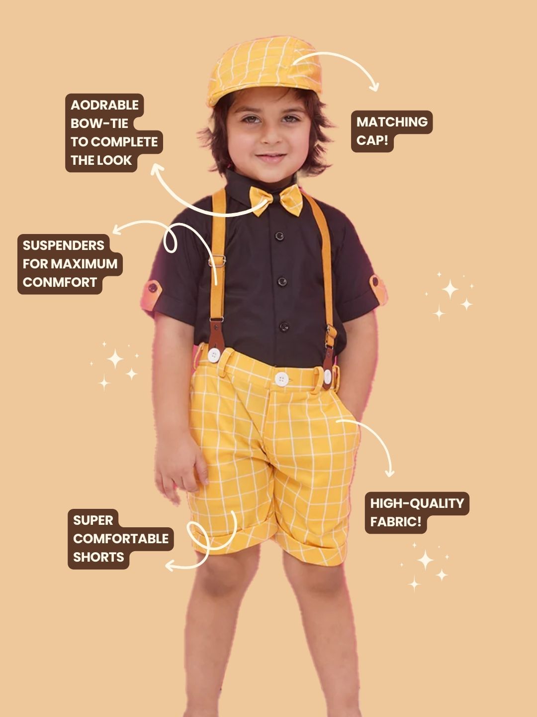 Yellow Cotton Blend Dungaree with Suspenders and Cap for Boys - AJ Dezines