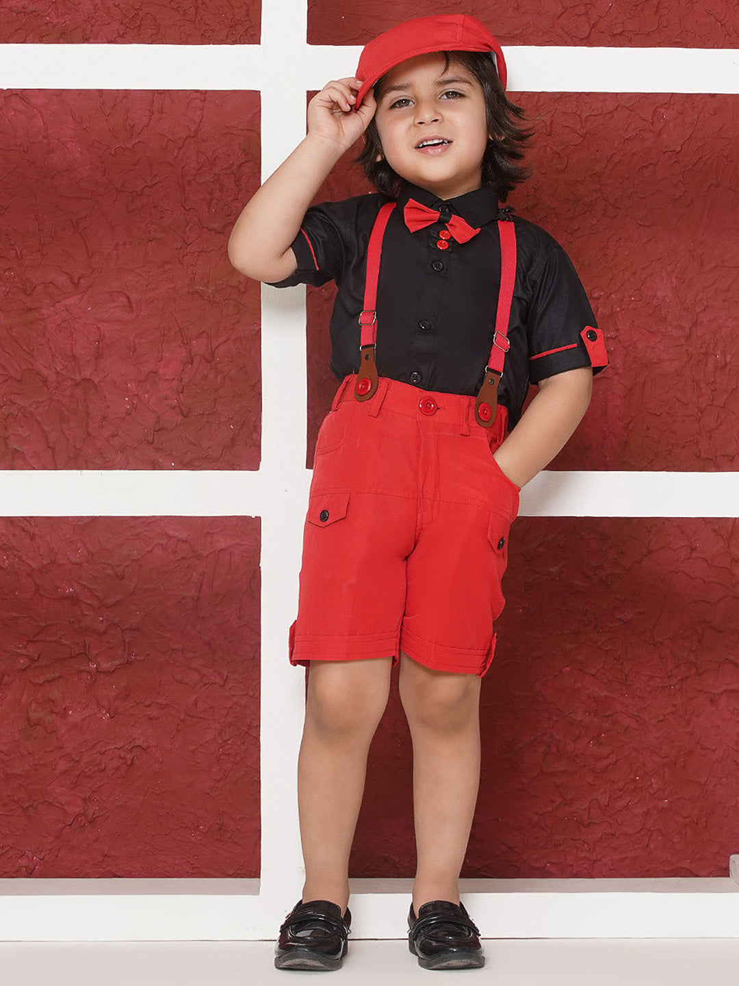 RED Cotton Blend Half Sleeves Solid Shirt Halfpant with Suspenders and Cap for Boys - AJ Dezines
