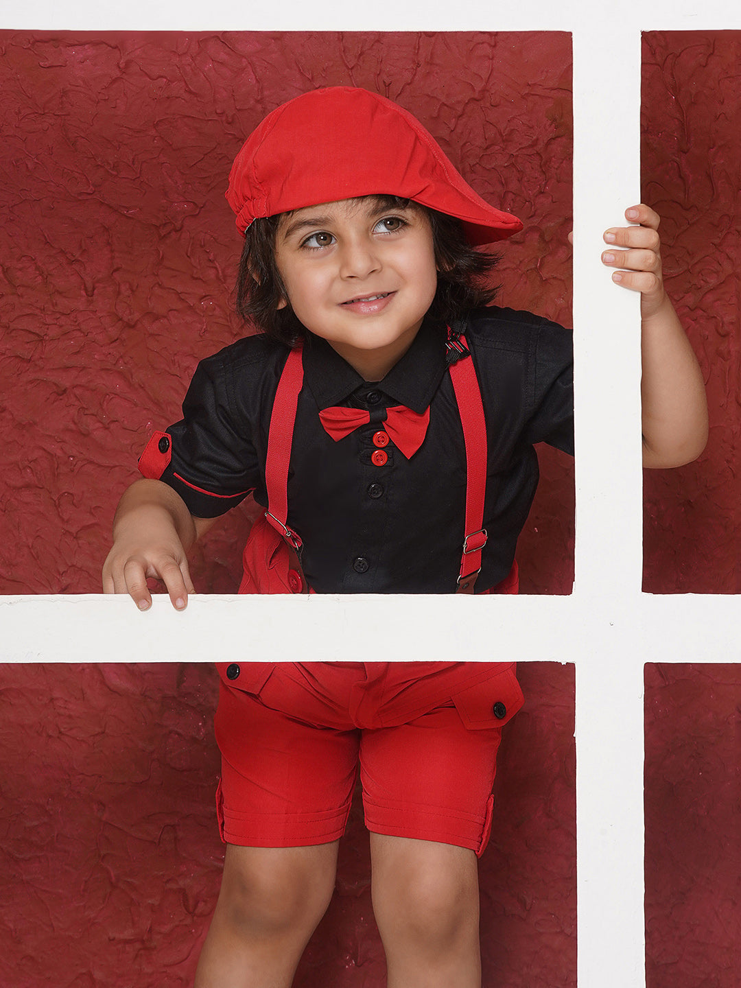 RED Cotton Blend Half Sleeves Solid Shirt Halfpant with Suspenders and Cap for Boys - AJ Dezines