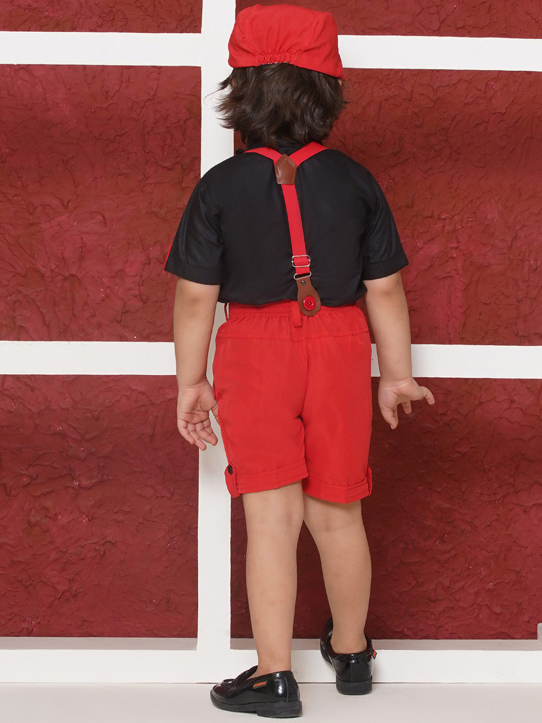 RED Cotton Blend Half Sleeves Solid Shirt Halfpant with Suspenders and Cap for Boys - AJ Dezines