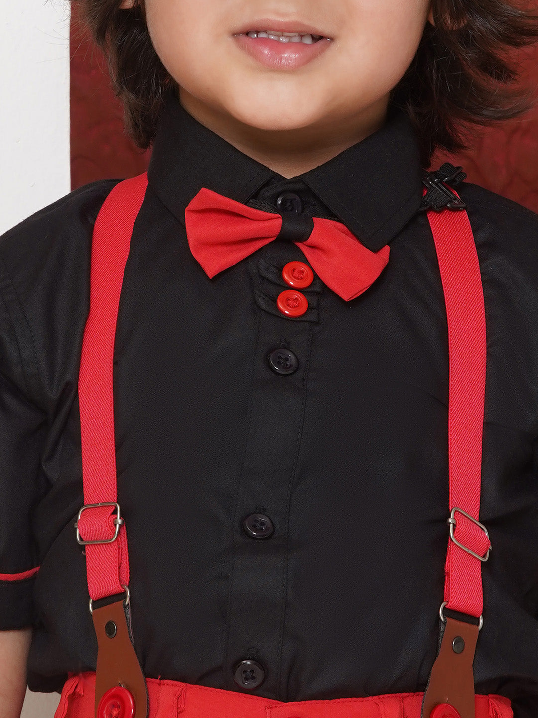 RED Cotton Blend Half Sleeves Solid Shirt Halfpant with Suspenders and Cap for Boys - AJ Dezines