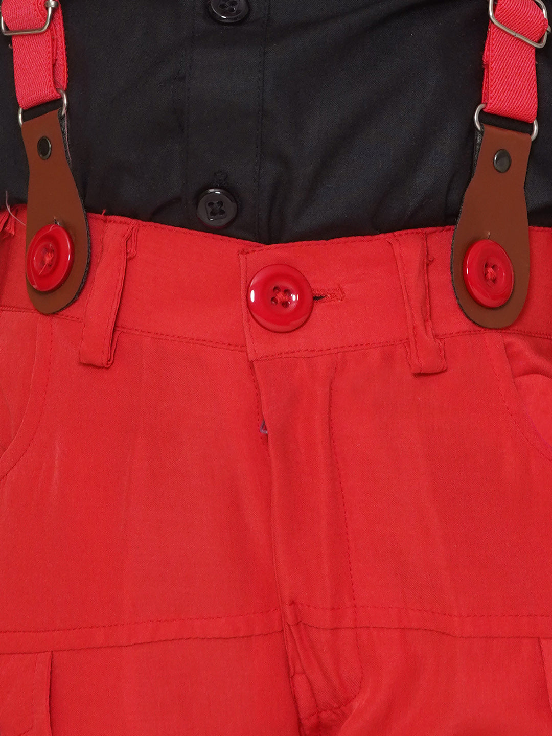 RED Cotton Blend Half Sleeves Solid Shirt Halfpant with Suspenders and Cap for Boys - AJ Dezines