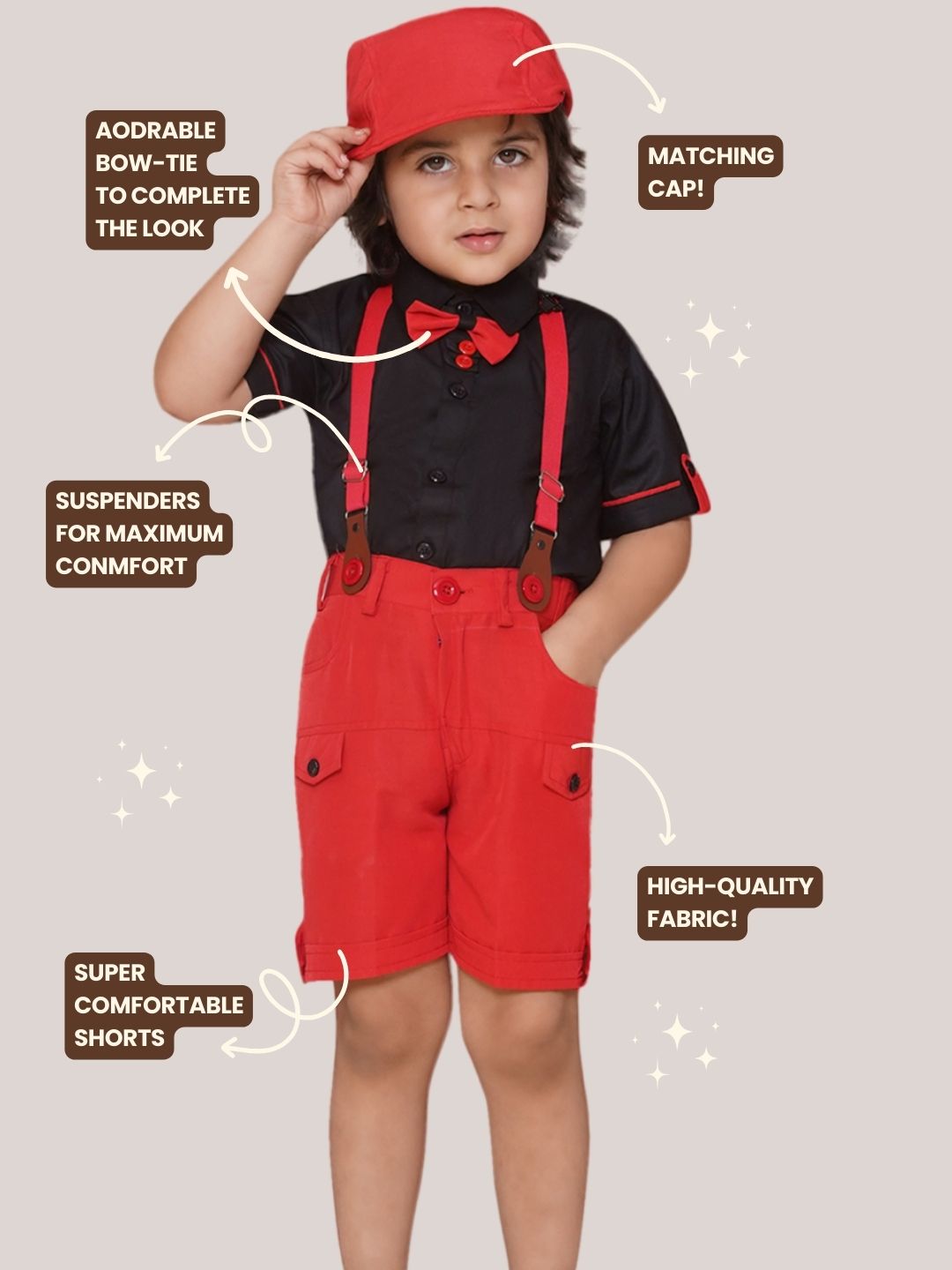 RED Cotton Blend Half Sleeves Solid Shirt Halfpant with Suspenders and Cap for Boys - AJ Dezines