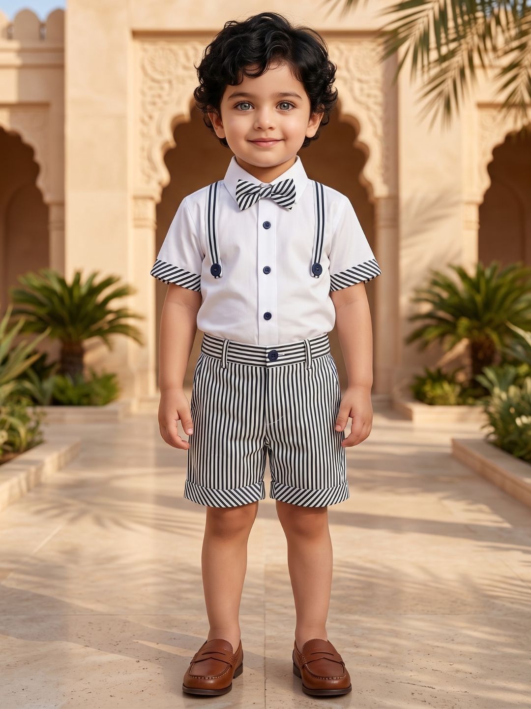 AJ Dezines Black and White Stripes Cotton Shirt and Shorts For Boys