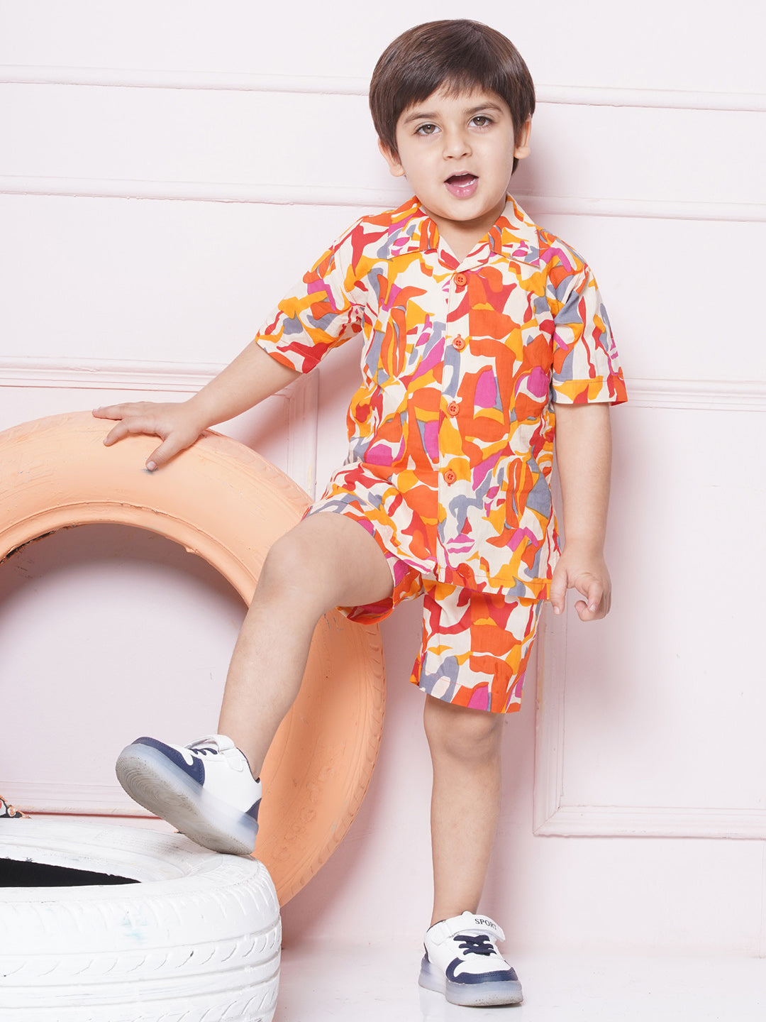 Kids Boys Orange Abstract Print Cotton CO-Ords Set - AJ Dezines