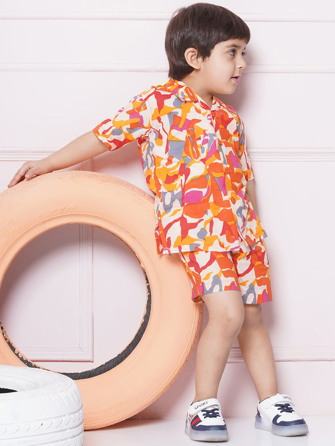 Kids Boys Orange Abstract Print Cotton CO-Ords Set - AJ Dezines