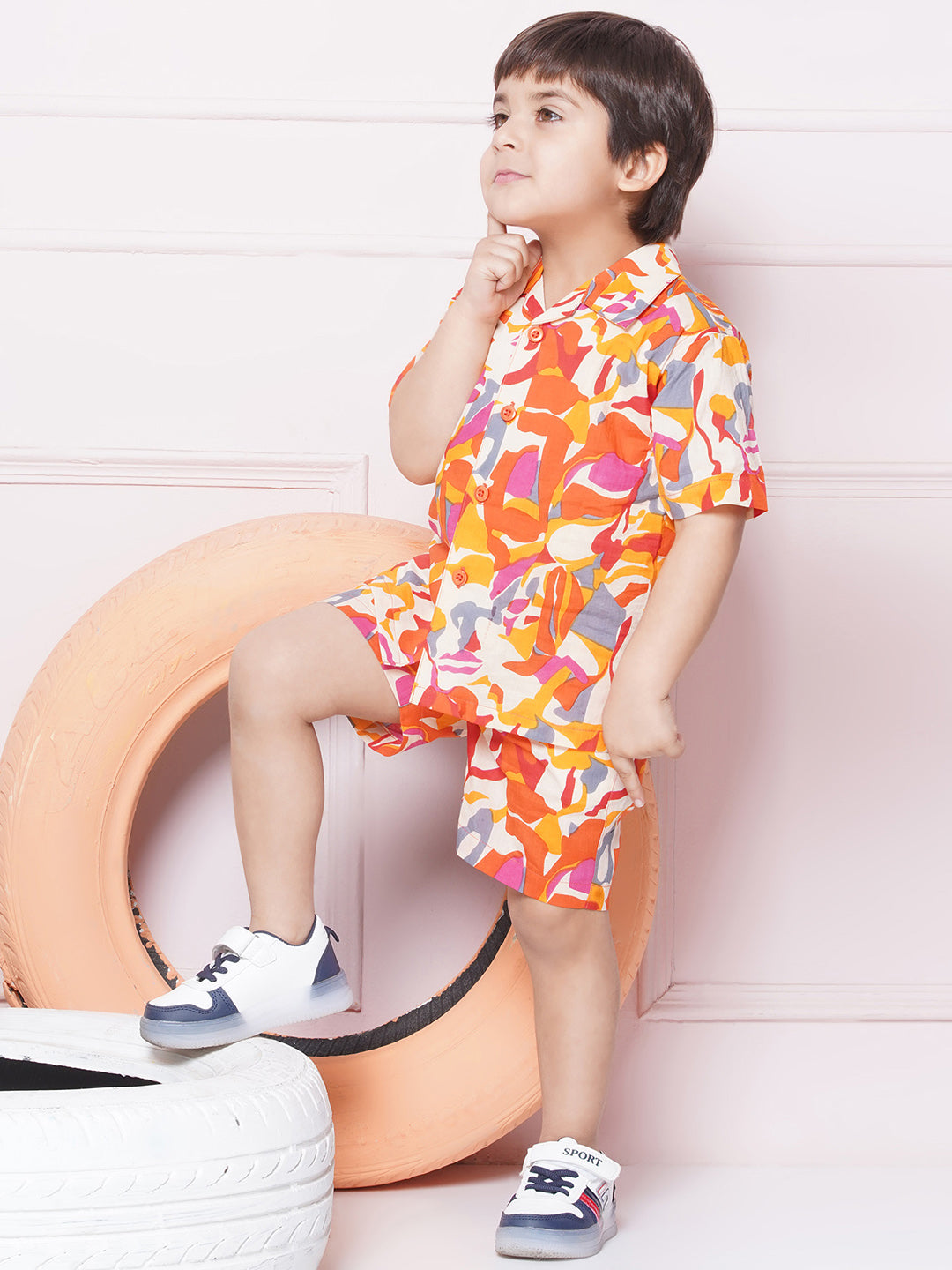 Kids Boys Orange Abstract Print Cotton CO-Ords Set - AJ Dezines