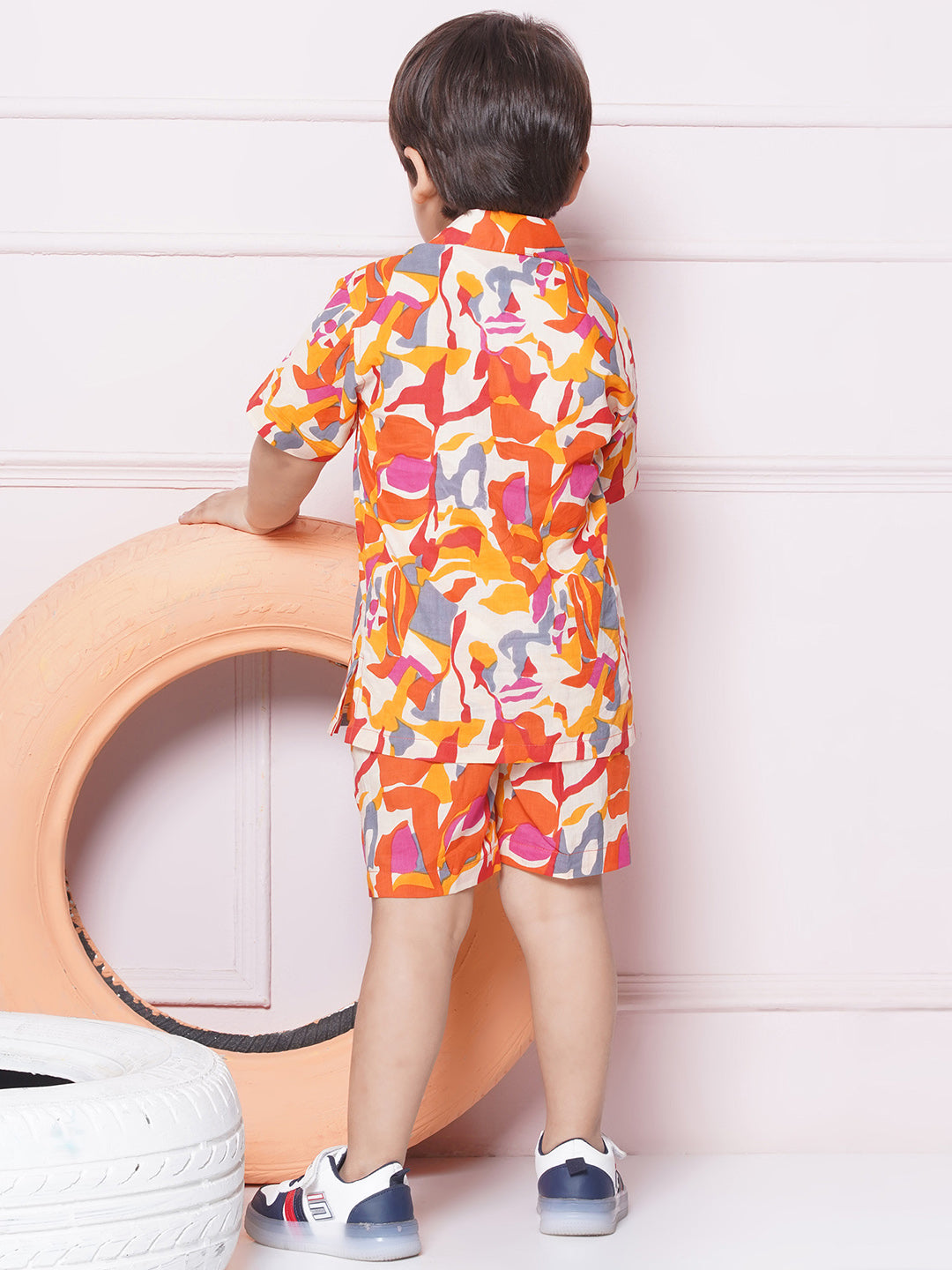 Kids Boys Orange Abstract Print Cotton CO-Ords Set - AJ Dezines