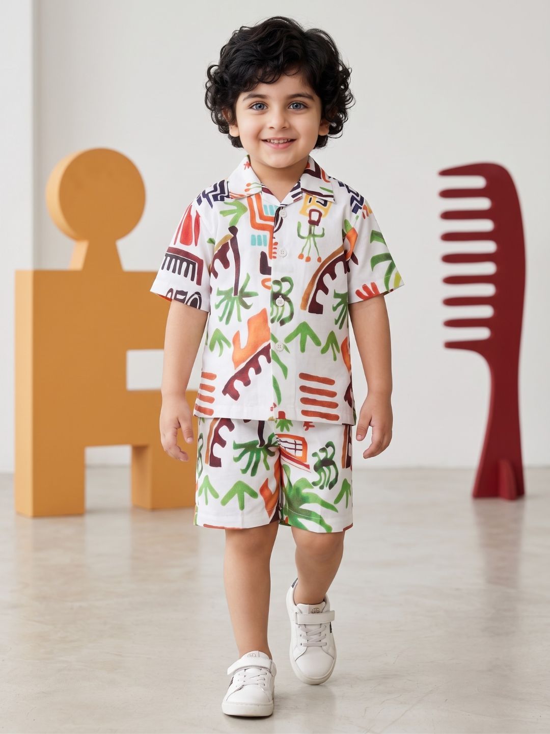Kids Boys White Tropical Print Cotton CO-Ords Set