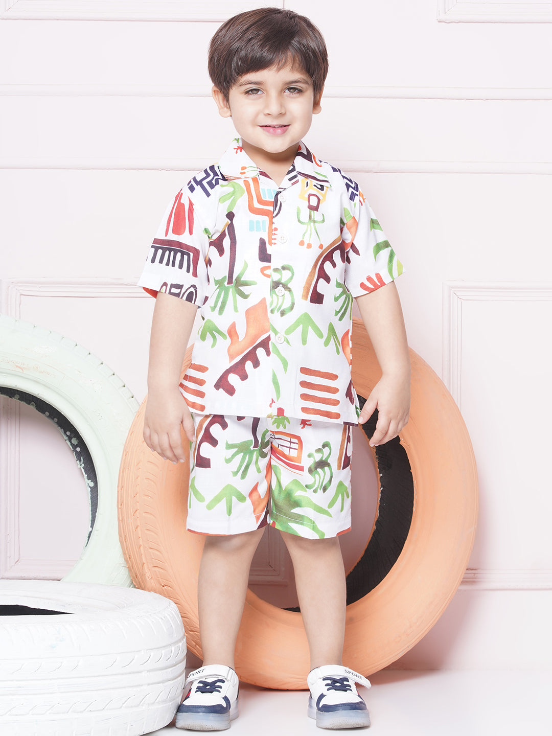 Kids Boys White Tropical Print Cotton CO-Ords Set - AJ Dezines