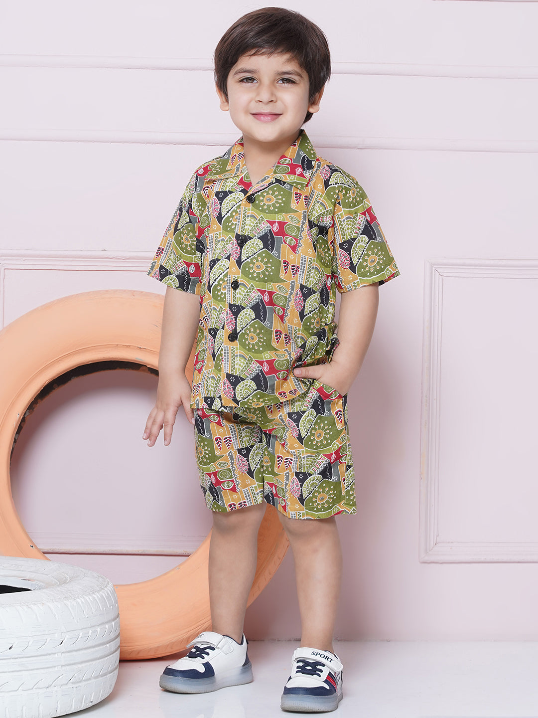 Kids Boys Green Floral Print Cotton CO-Ords Set - AJ Dezines