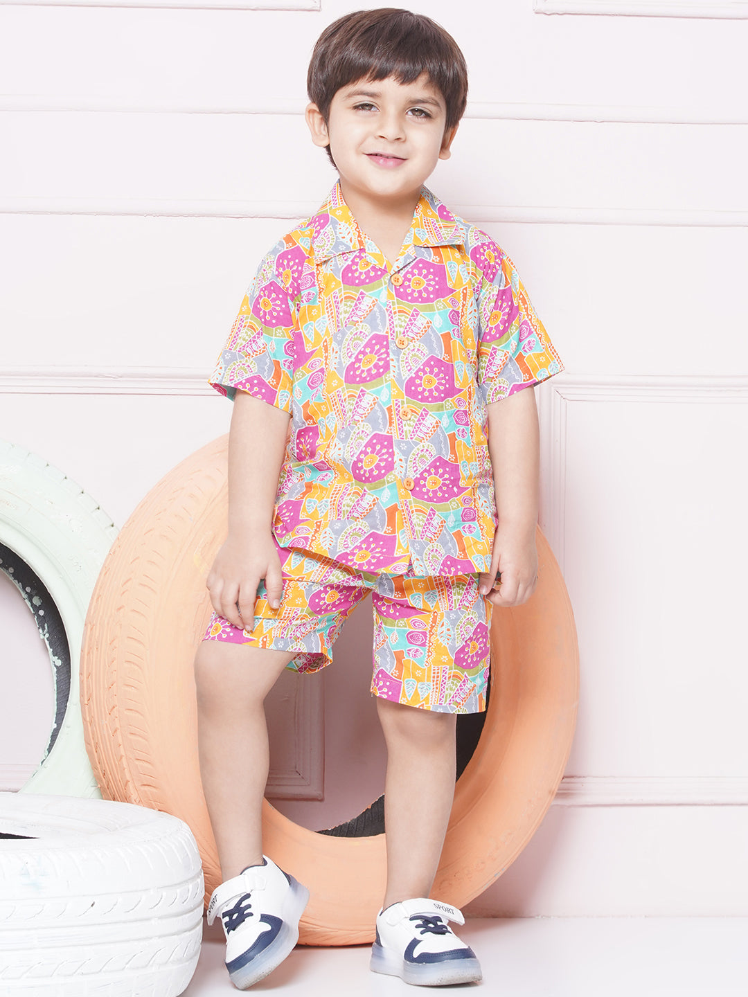 Kids Boys Pink Floral Print Cotton CO-Ords Set - AJ Dezines