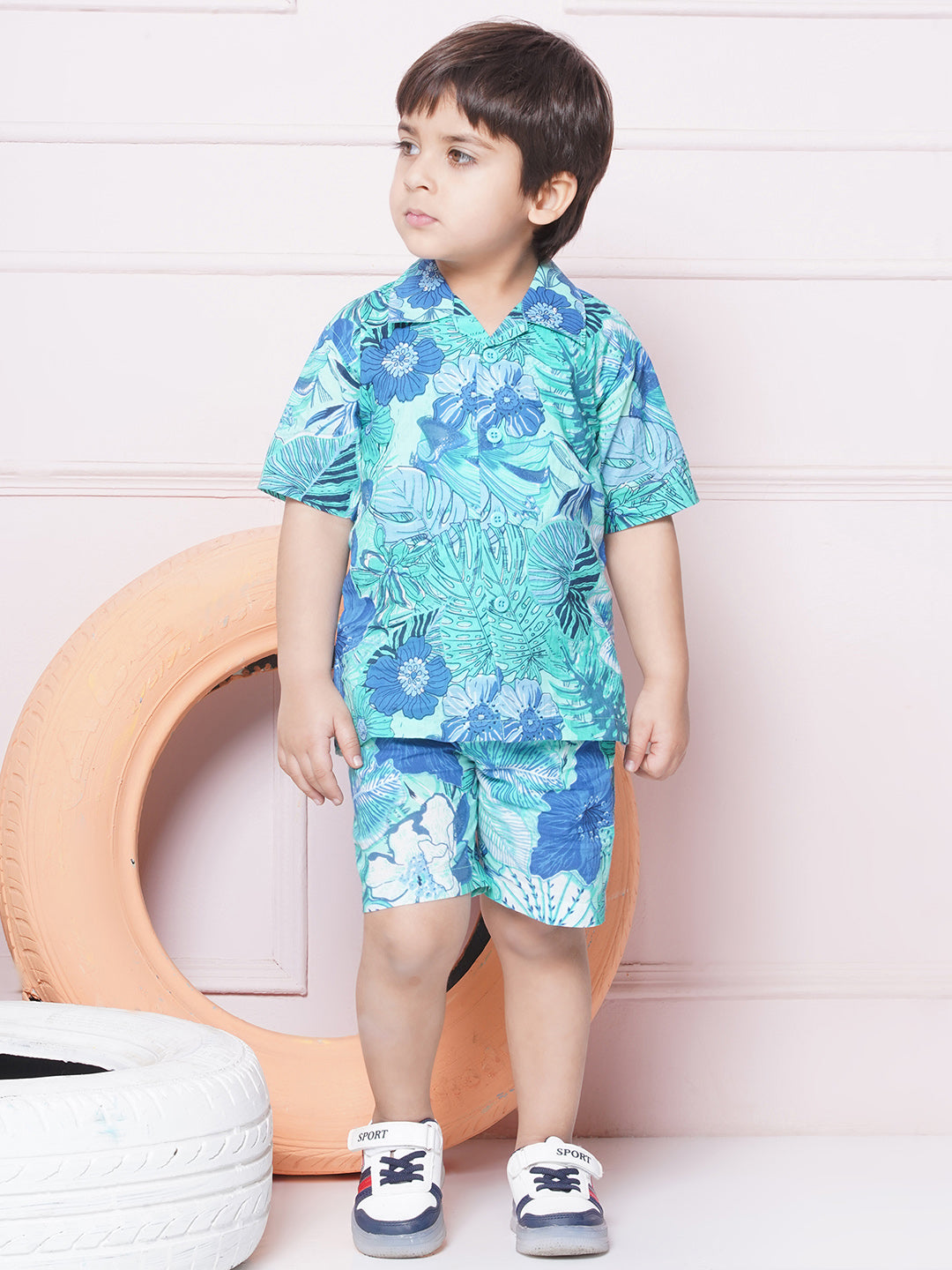 Kids Boys BLUE Floral Print Cotton CO-Ords Set - AJ Dezines