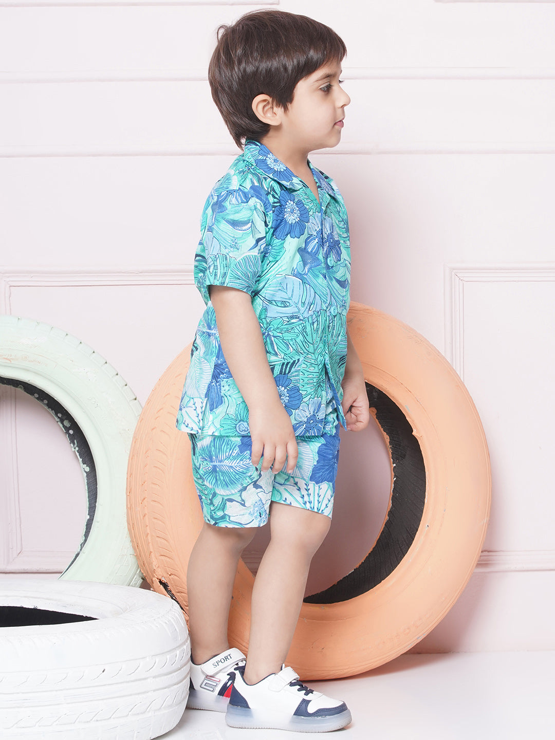 Kids Boys BLUE Floral Print Cotton CO-Ords Set - AJ Dezines
