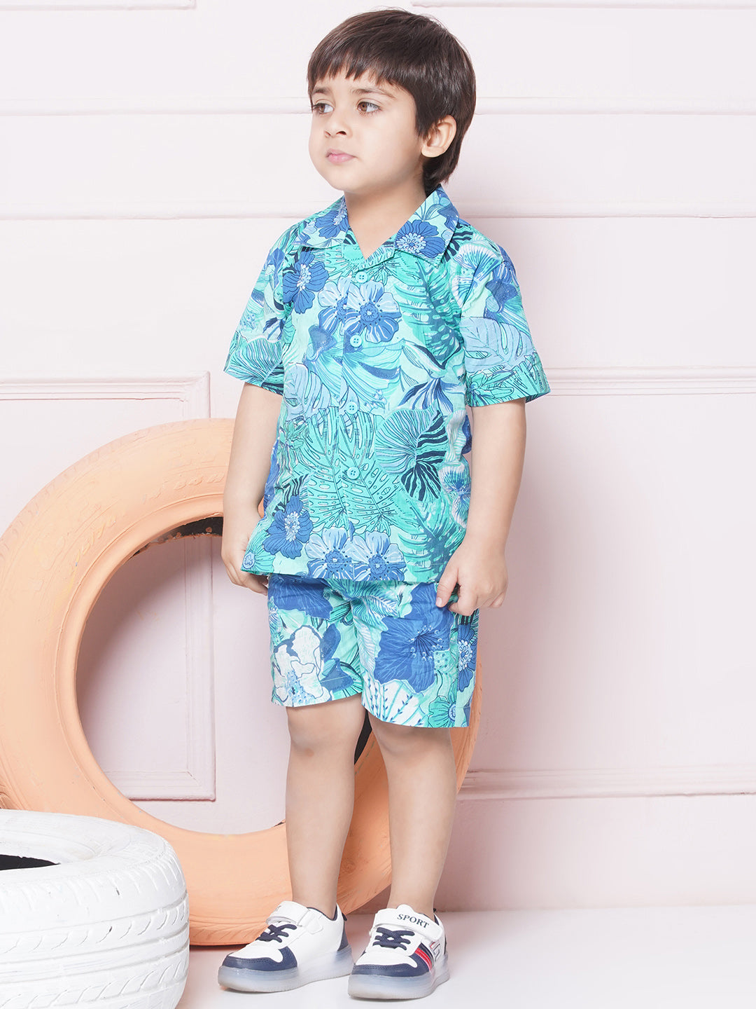 Kids Boys BLUE Floral Print Cotton CO-Ords Set - AJ Dezines