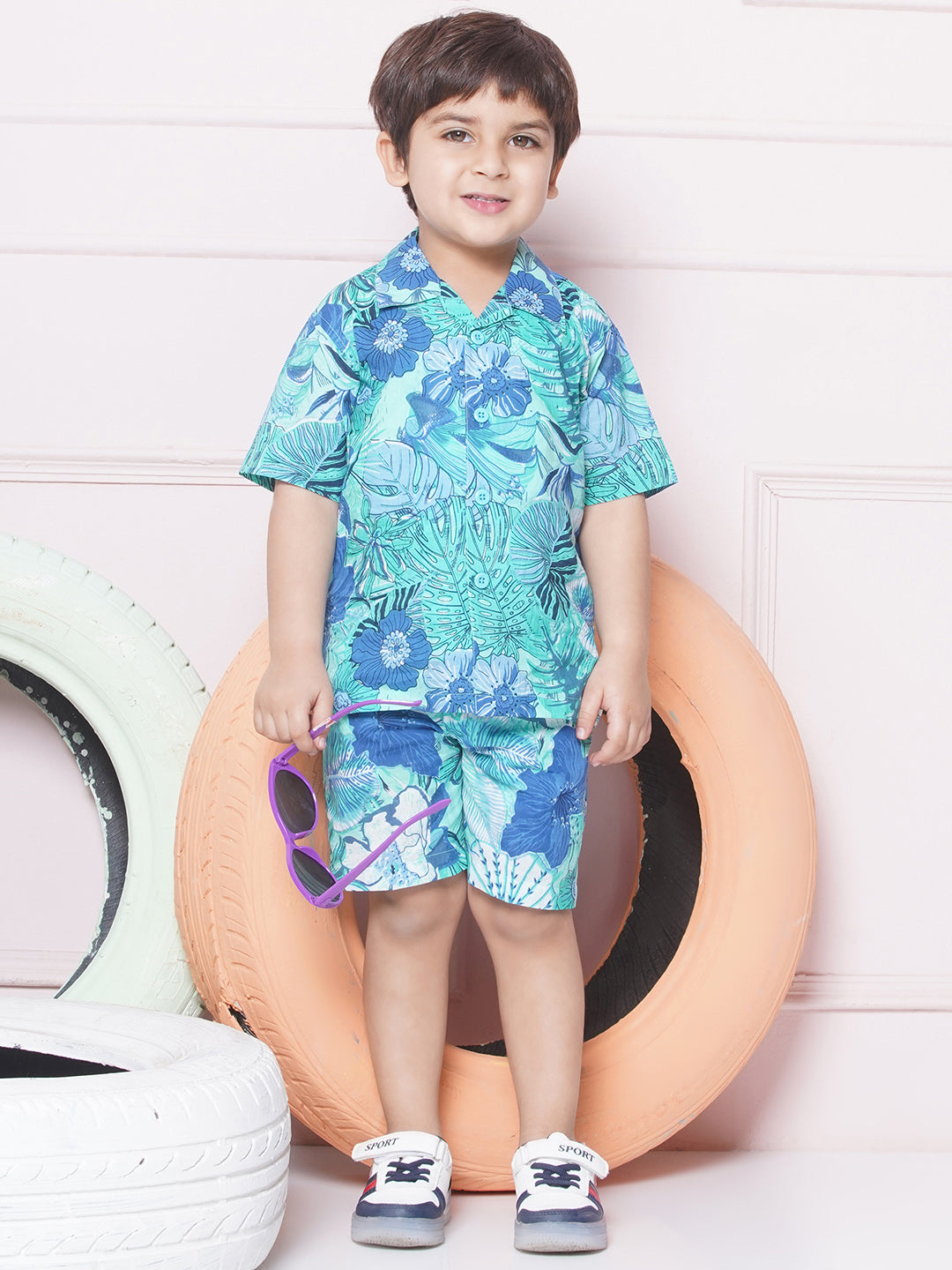 Kids Boys BLUE Floral Print Cotton CO-Ords Set - AJ Dezines