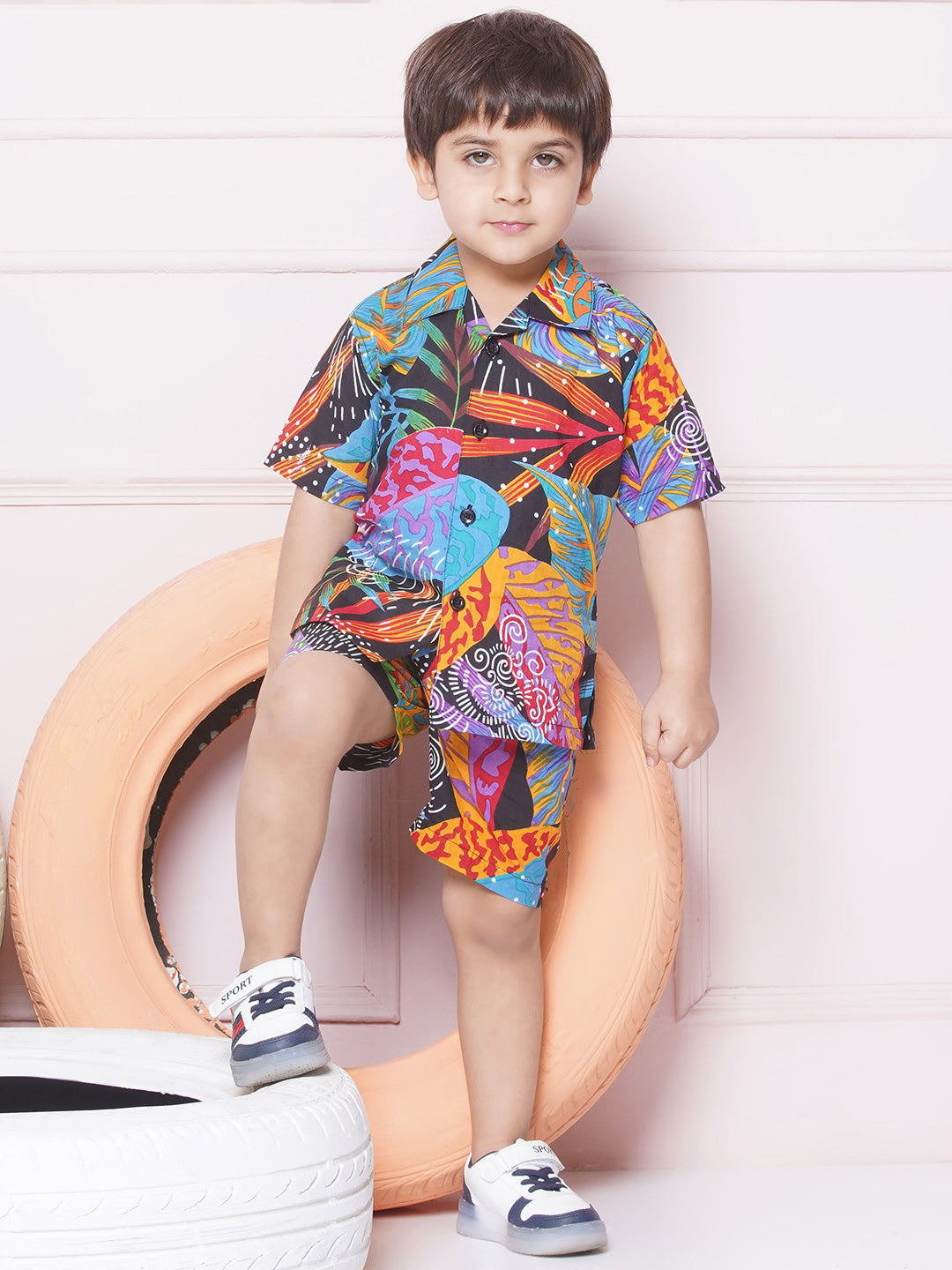 Kids Boys Black Tropical Print Cotton CO-Ords Set - AJ Dezines