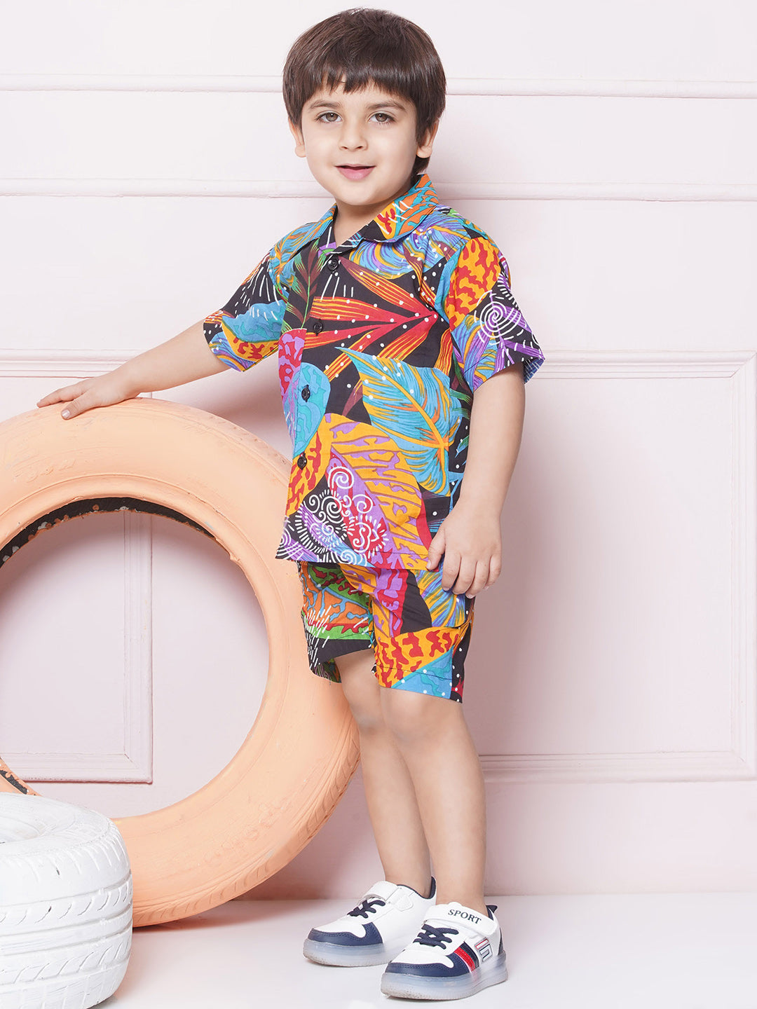 Kids Boys Black Tropical Print Cotton CO-Ords Set - AJ Dezines