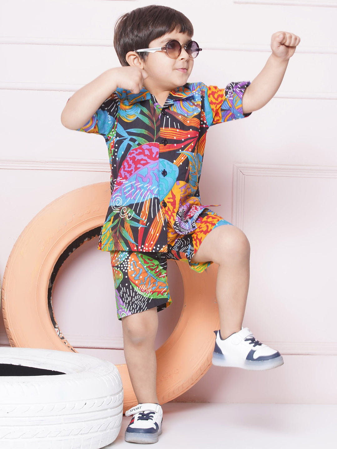 Kids Boys Black Tropical Print Cotton CO-Ords Set - AJ Dezines