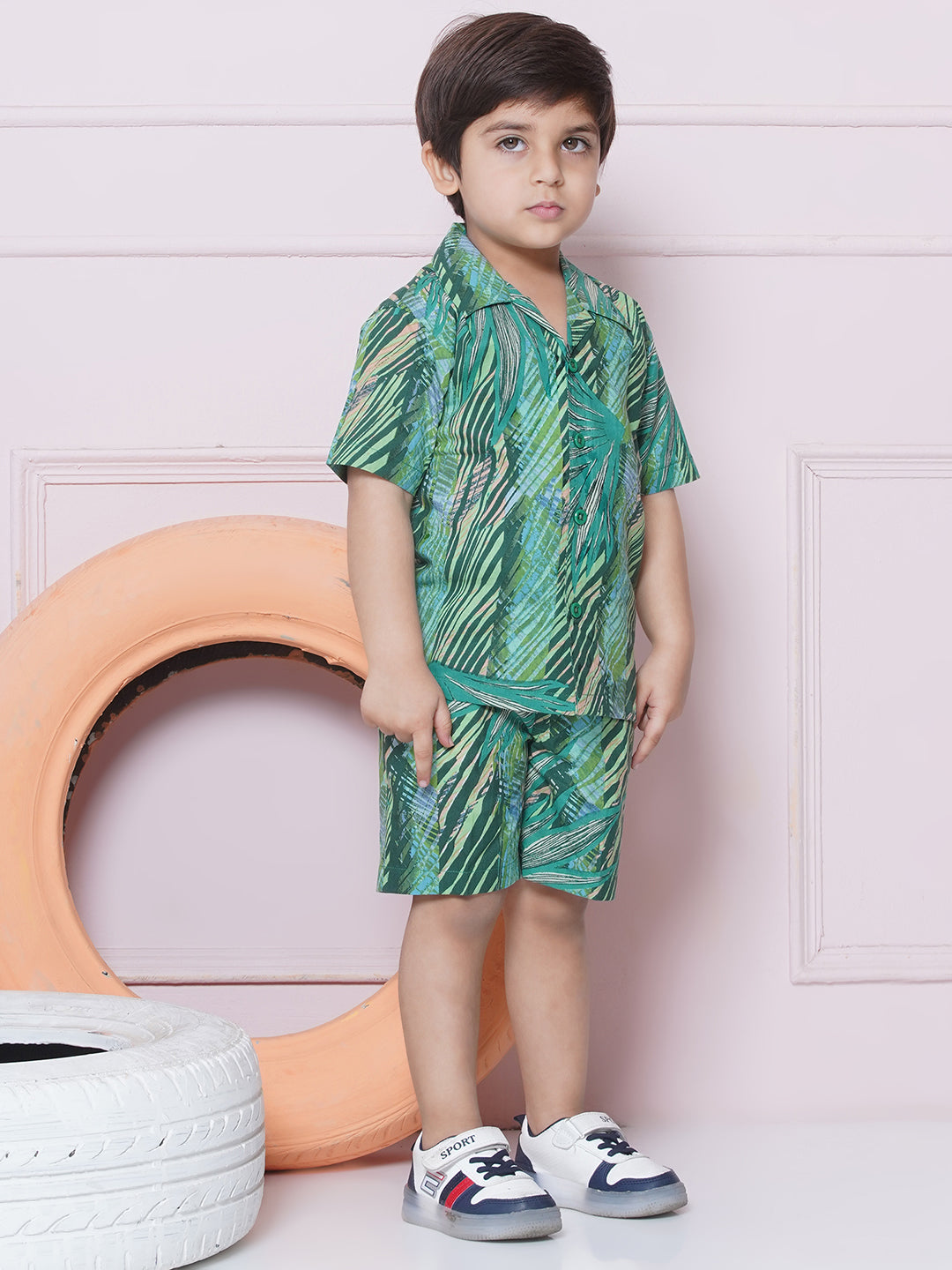 Kids Boys Green Tropical Print Cotton CO-Ords Set - AJ Dezines