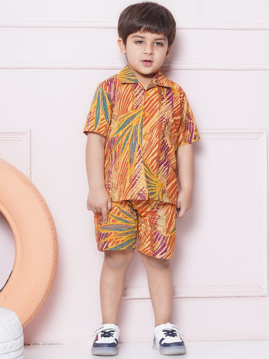 Kids Boys Mustard Tropical Print Cotton CO-Ords Set - AJ Dezines
