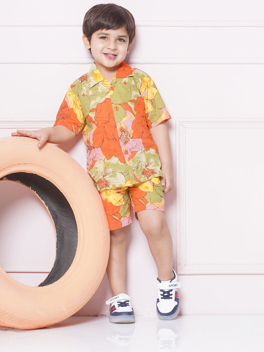 Kids Boys Red Floral Print Cotton CO-Ords Set - AJ Dezines