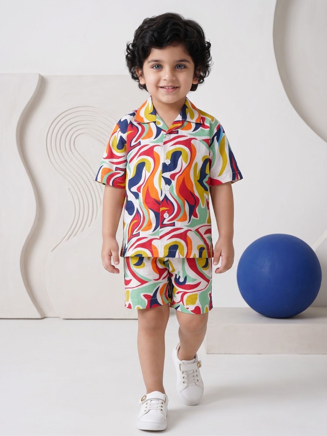 Kids Boys Blue Abstract Print Cotton CO-Ords Set