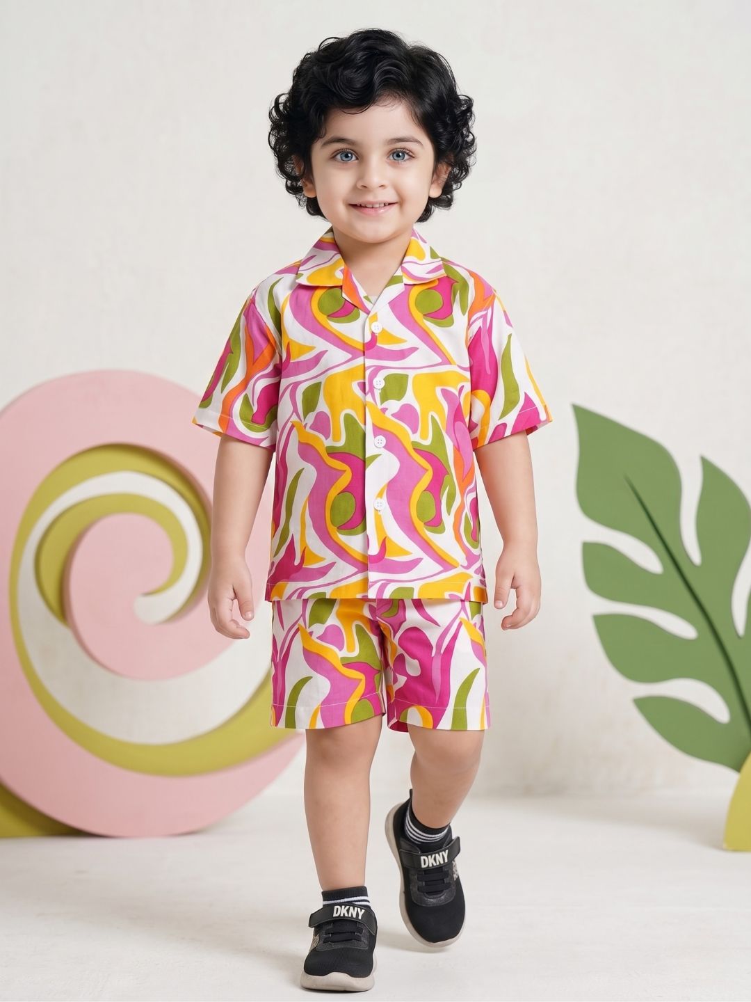 Kids Boys Pink Abstract Print Cotton CO-Ords Set