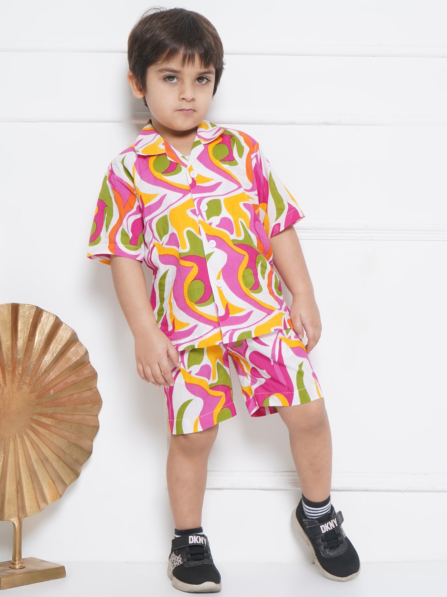 Kids Boys Pink Abstract Print Cotton CO-Ords Set - AJ Dezines