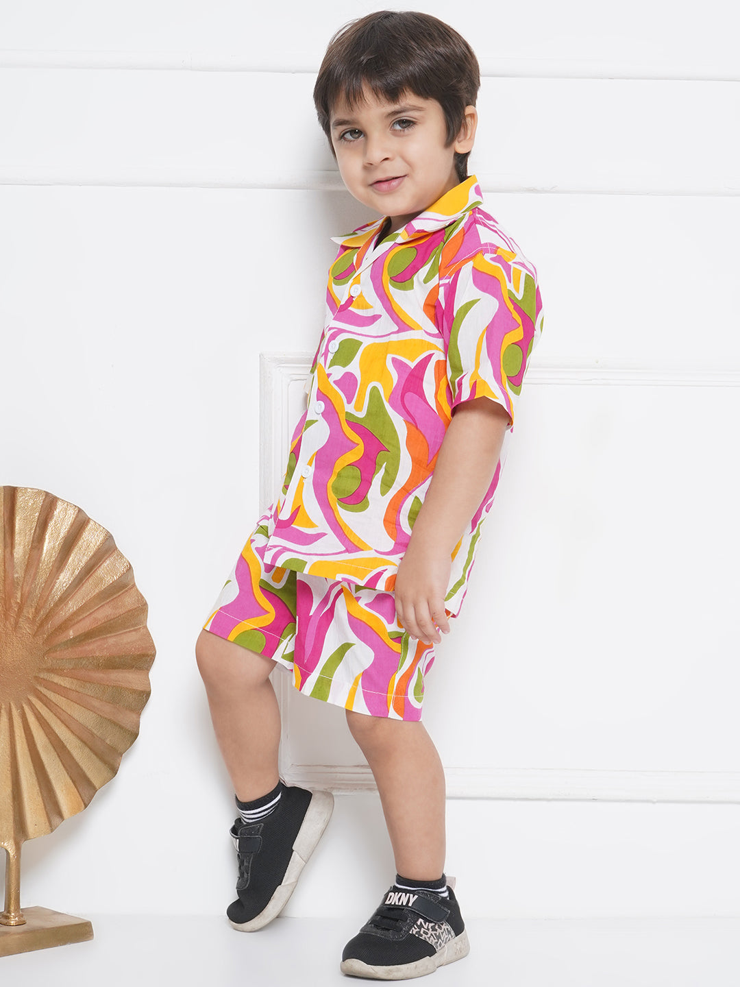 Kids Boys Pink Abstract Print Cotton CO-Ords Set - AJ Dezines