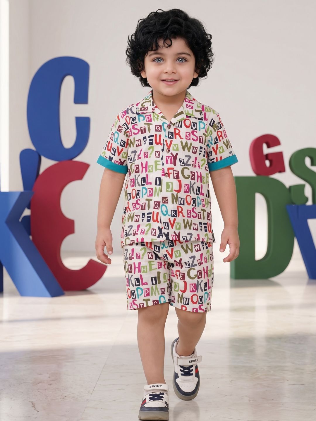 MULTI-COLOR Pure Cotton Half Sleeves Alphabet Print Co-Ords Set for Boys