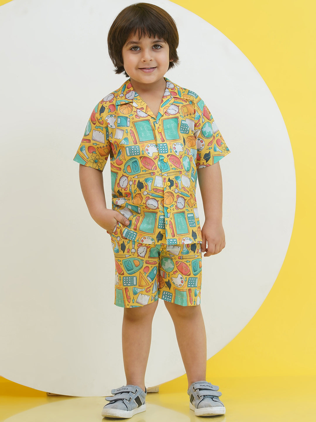 Yellow Cotton Half Sleeves Funky Print Boys Co-Ords for Boys - AJ Dezines