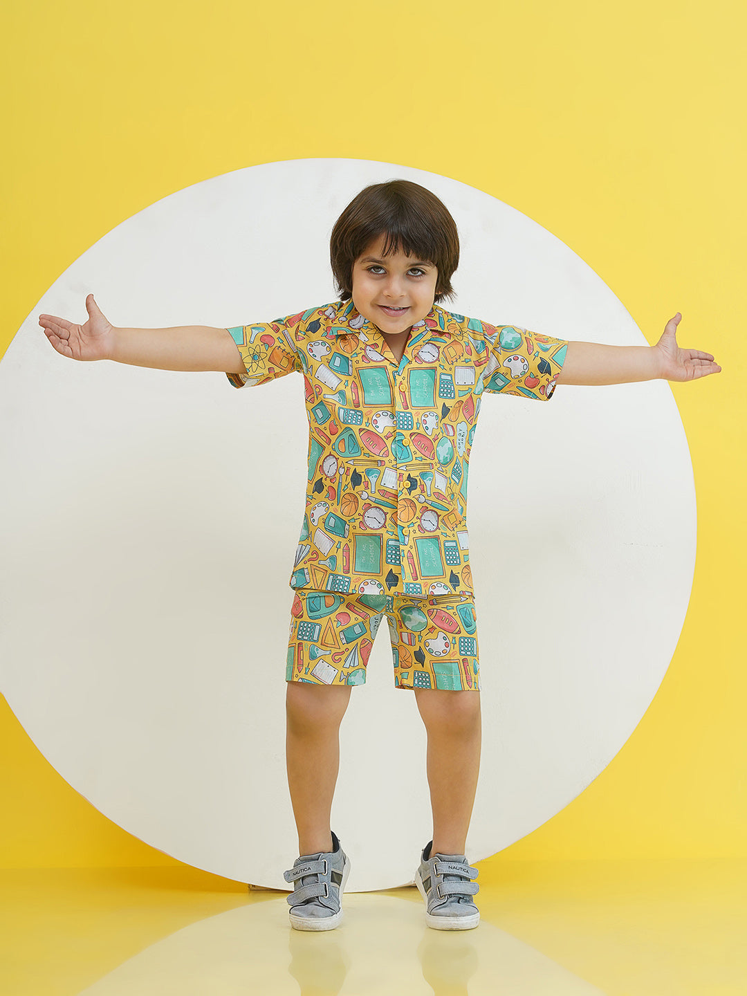 Yellow Cotton Half Sleeves Funky Print Boys Co-Ords for Boys - AJ Dezines