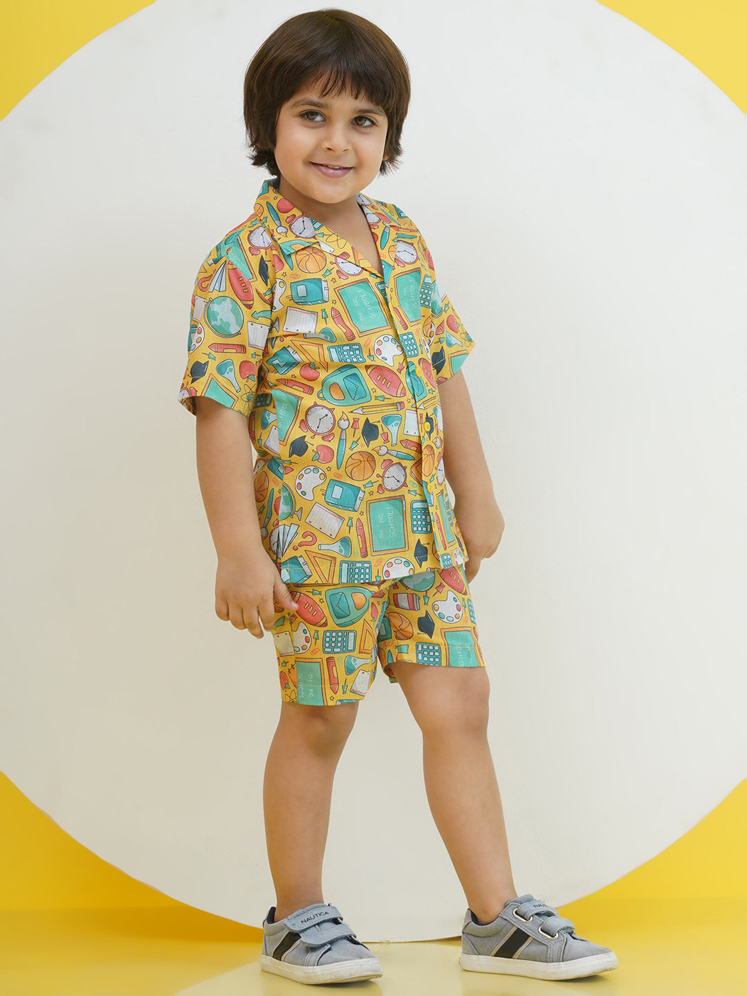 Yellow Cotton Half Sleeves Funky Print Boys Co-Ords for Boys - AJ Dezines