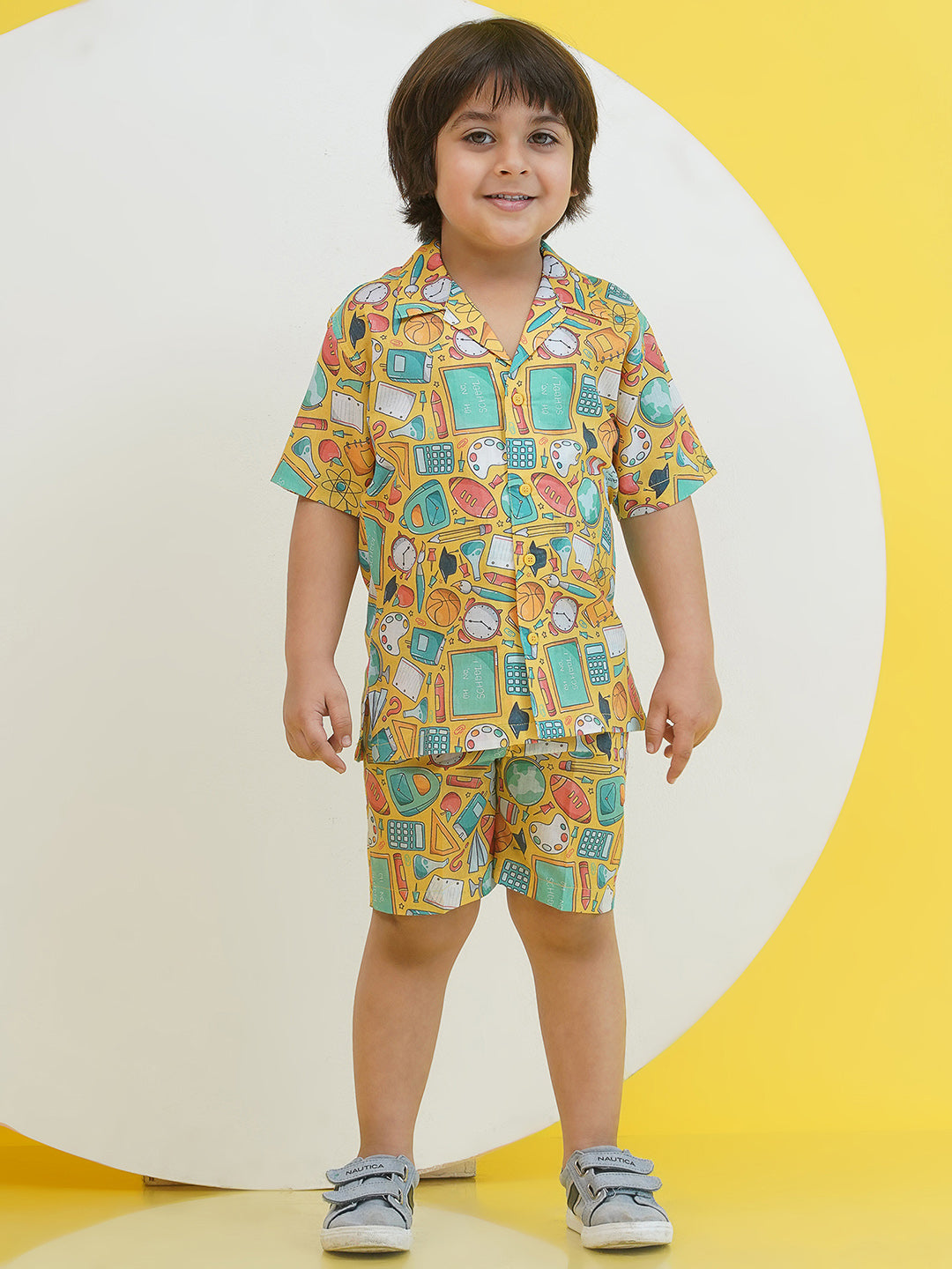 Yellow Cotton Half Sleeves Funky Print Boys Co-Ords for Boys - AJ Dezines