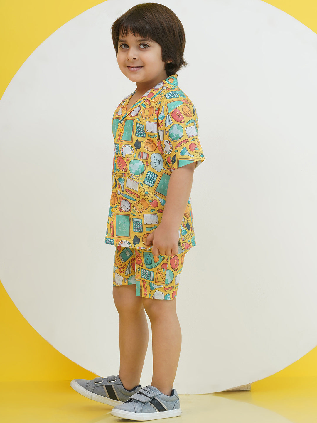 Yellow Cotton Half Sleeves Funky Print Boys Co-Ords for Boys - AJ Dezines