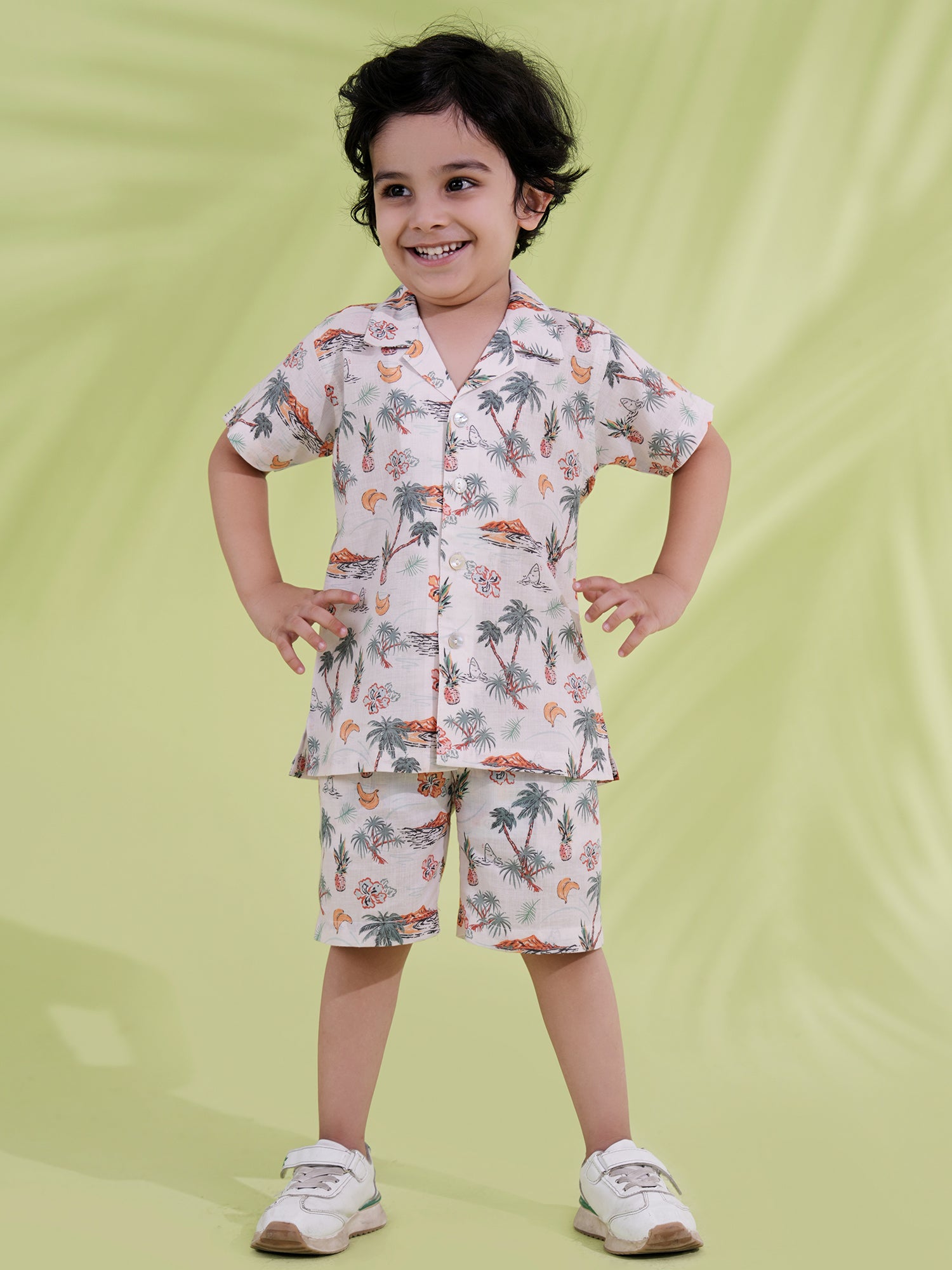 White Cotton Half Sleeves Tropical Printed Boys Co-Ords - AJ Dezines