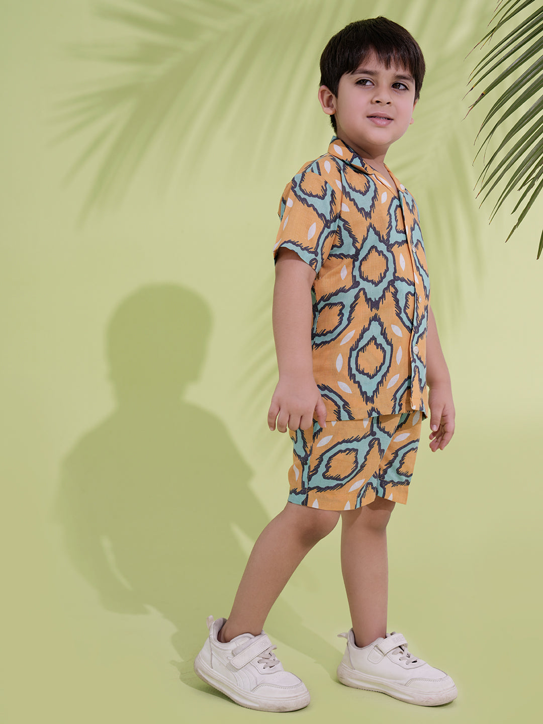 Yellow Cotton Half Sleeves Abstract Printed Boys Co-Ords - AJ Dezines