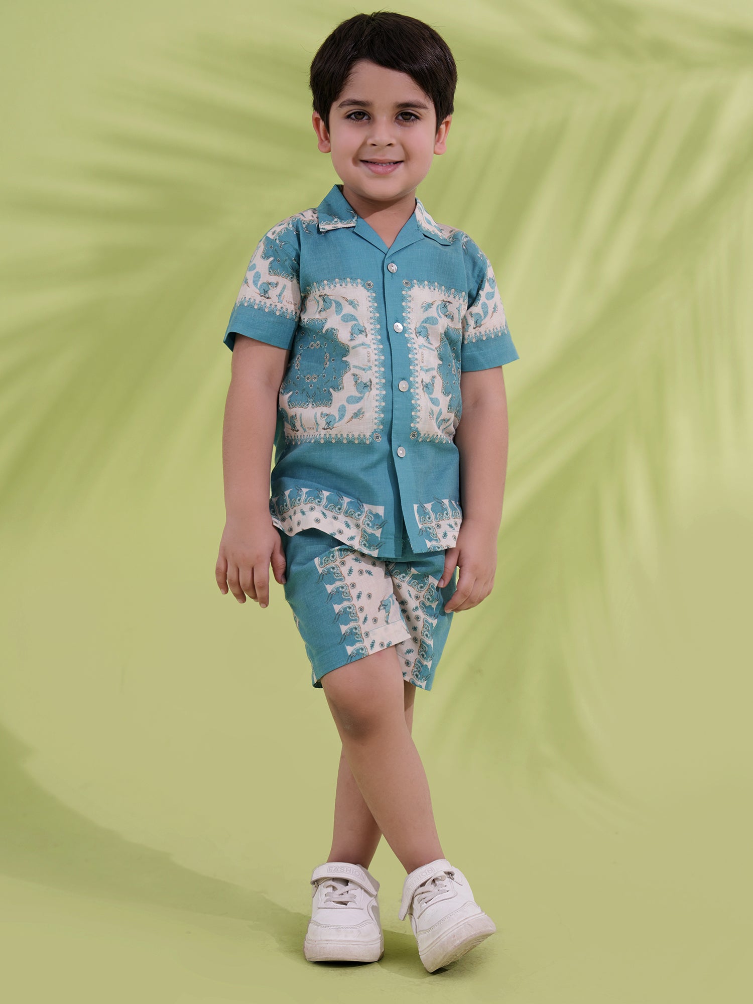 Teal Cream Half Sleeves Abstract Printed Boys Co-Ords - AJ Dezines