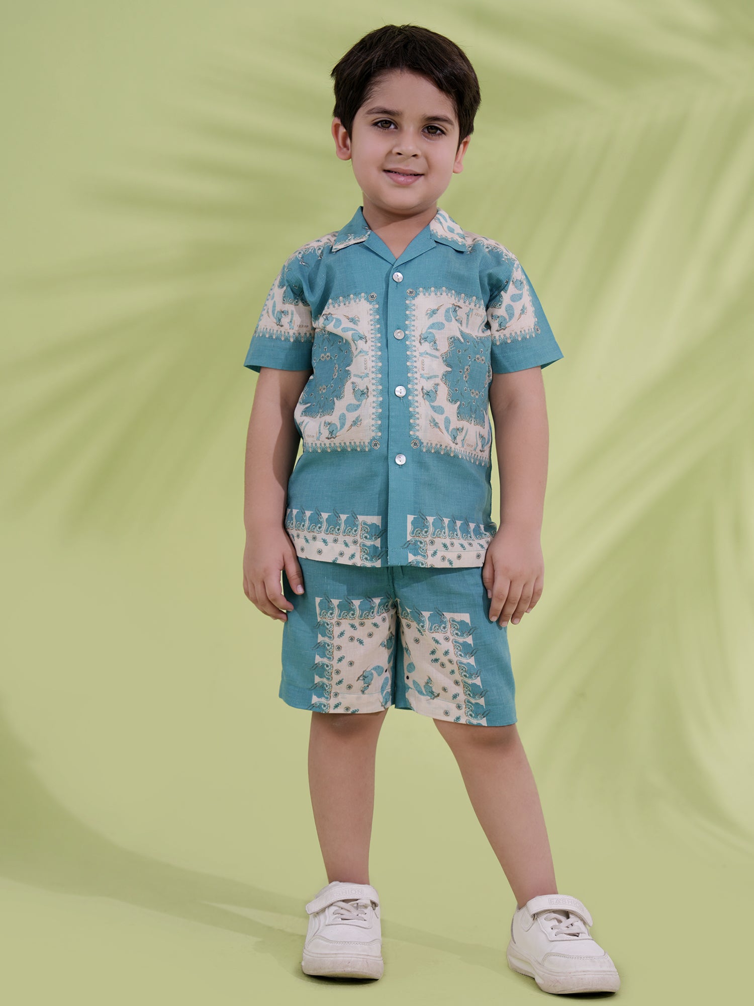Teal Cream Half Sleeves Abstract Printed Boys Co-Ords - AJ Dezines
