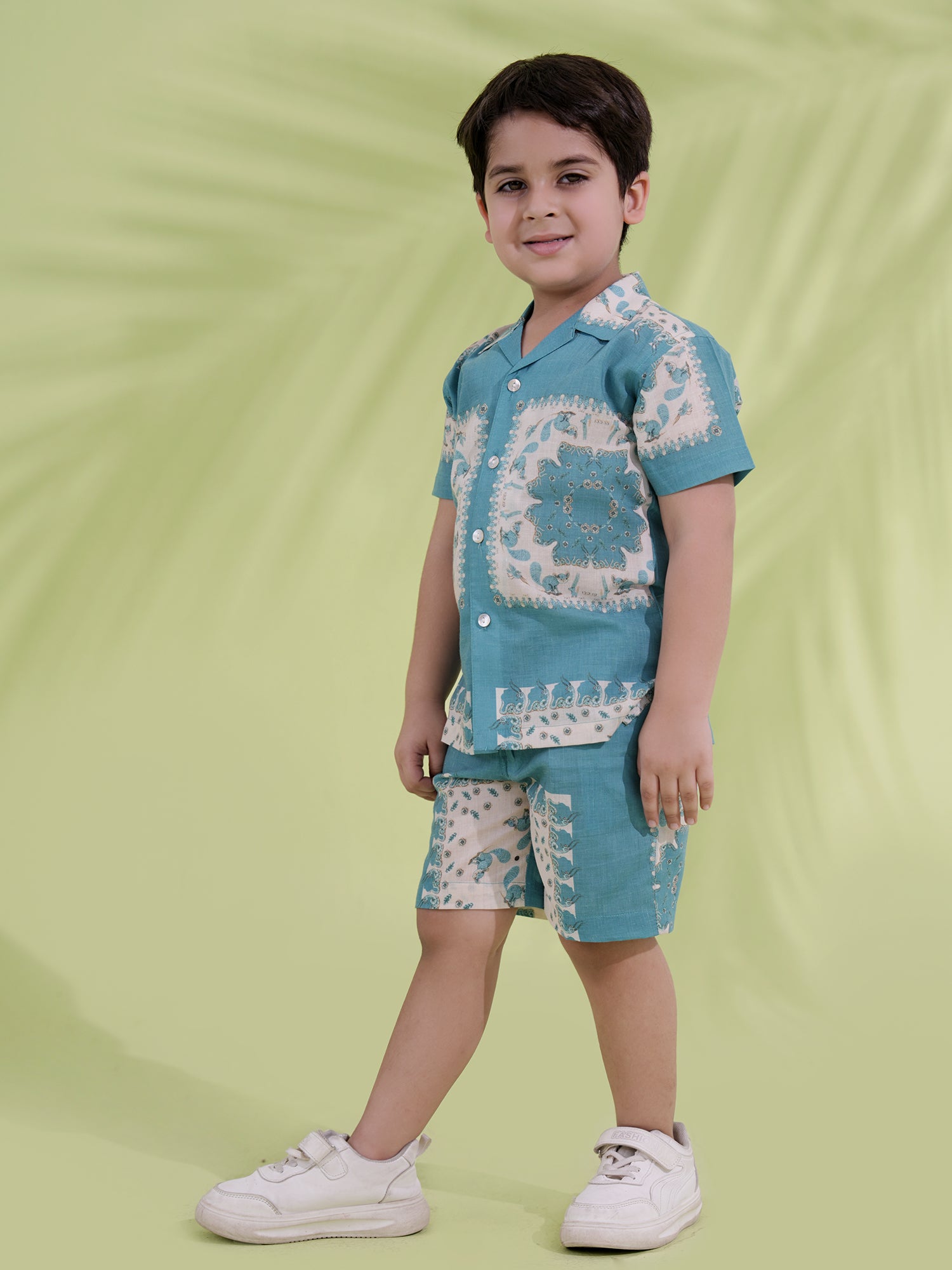 Teal Cream Half Sleeves Abstract Printed Boys Co-Ords - AJ Dezines
