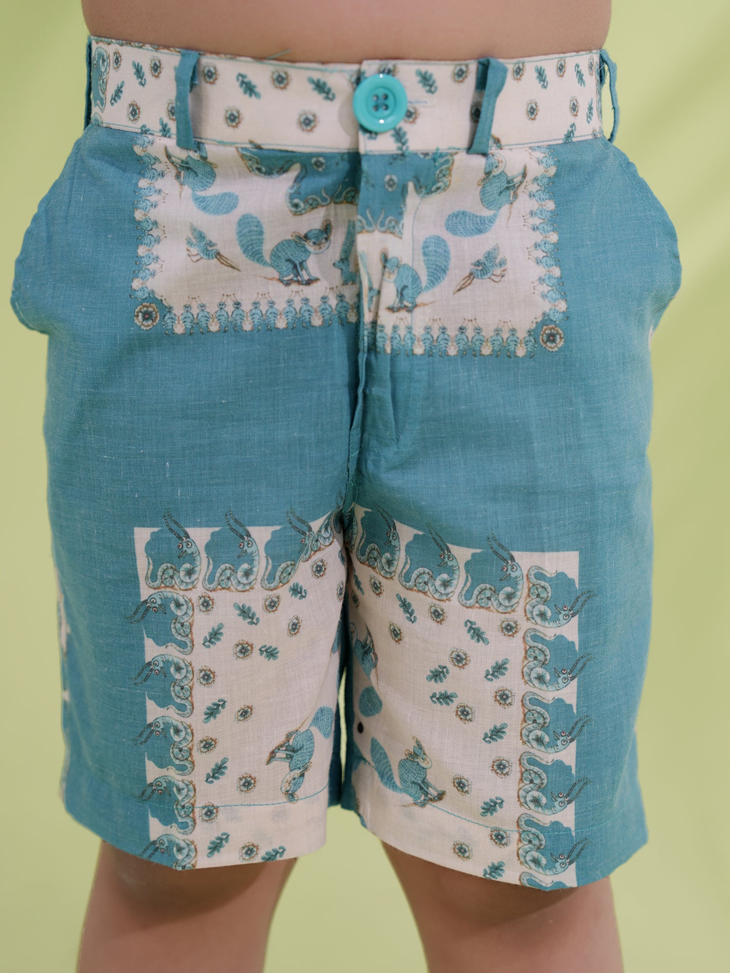Teal Cream Half Sleeves Abstract Printed Boys Co-Ords - AJ Dezines